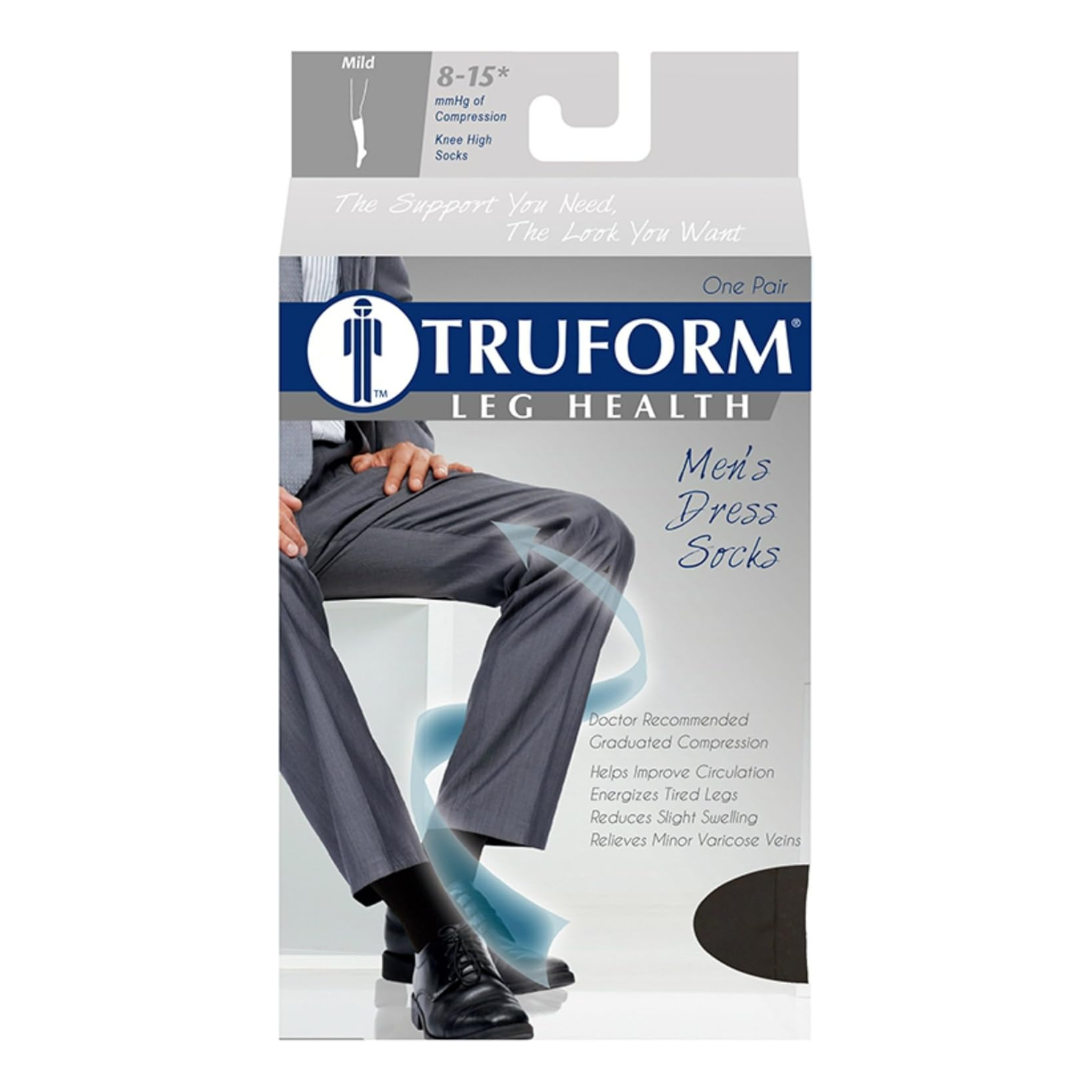 Truform Compression Socks, 8-15 mmHg, Men's Dress Socks, Knee High Over Calf Length, Black, Large