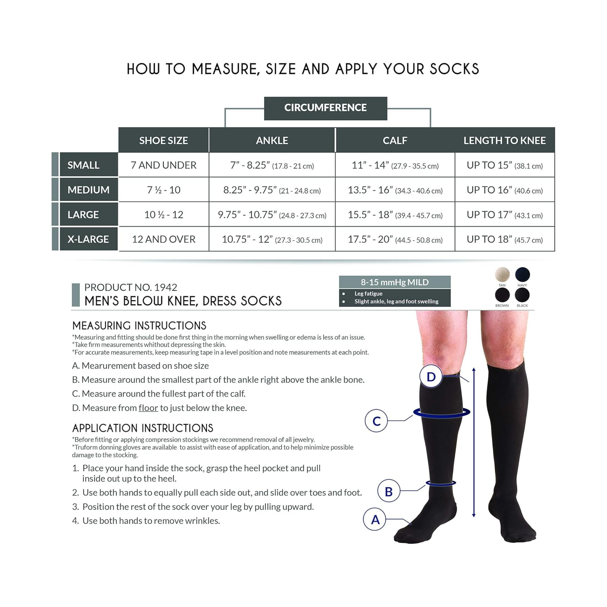 Truform Compression Socks, 8-15 mmHg, Men's Dress Socks, Knee High Over Calf Length, Black, Large