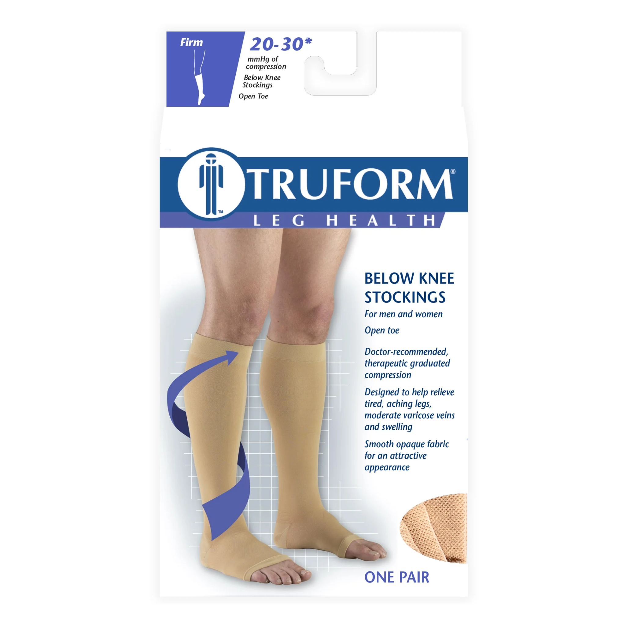 Truform, Below-Knee Compression Stockings, Open Toe, 20-30 mmHg, Beige, Medium
