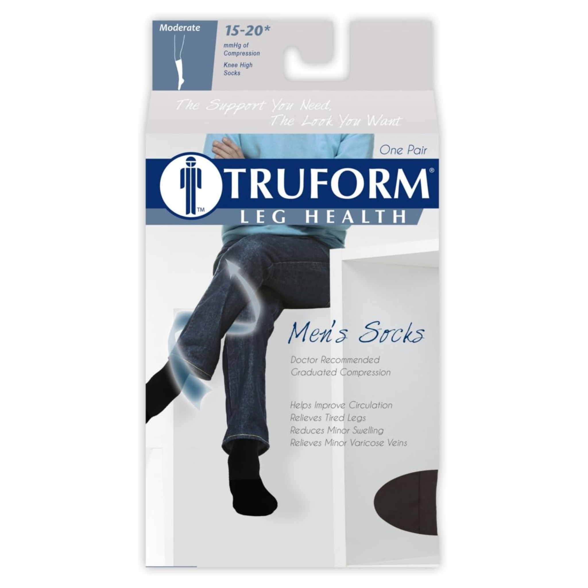 Truform Men's Knee-High Compression Socks, 15-20 mmHg, Black, Large