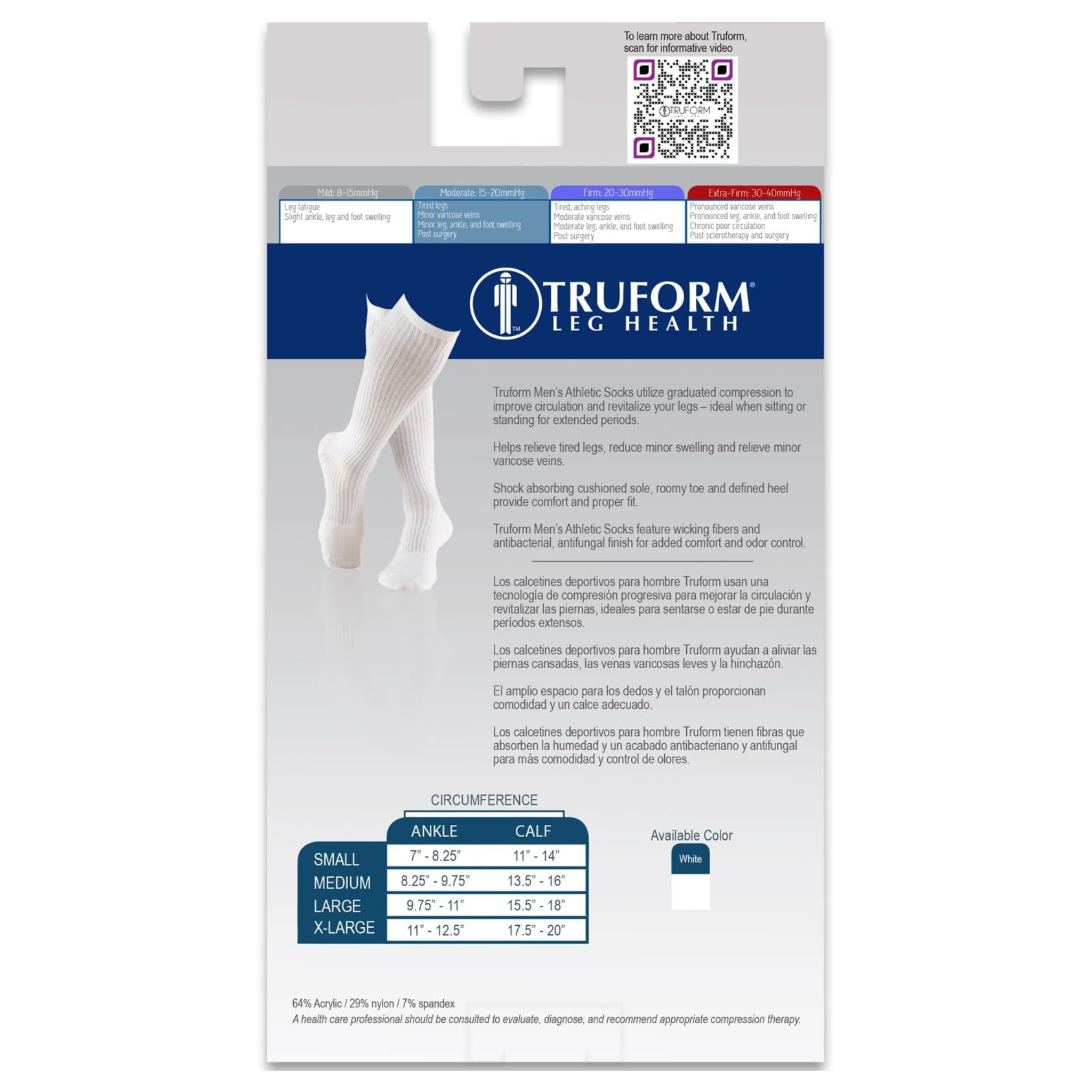 Truform Men's Athletic Knee-High Compression Socks, 15-20 mmHg, White, Medium