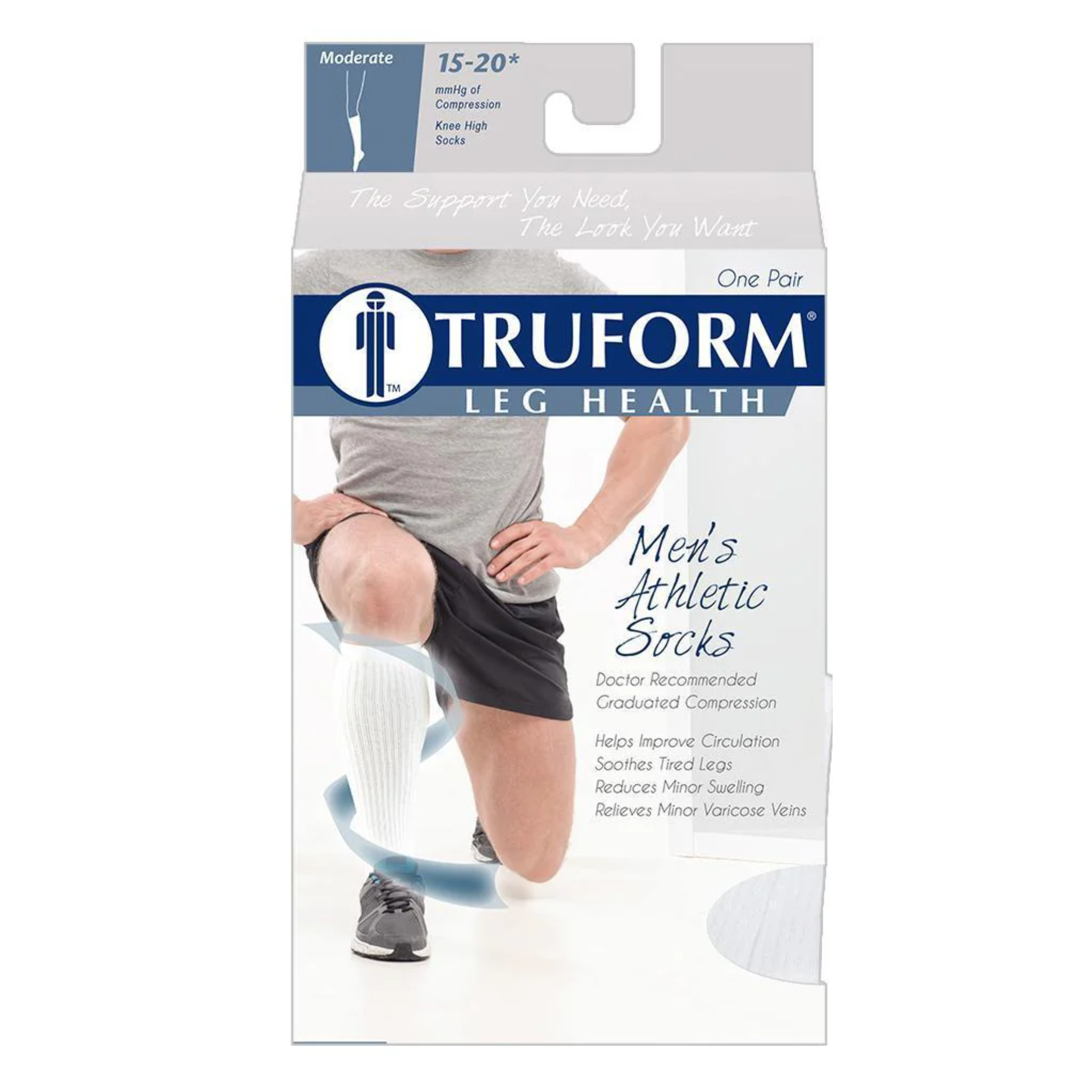 Truform Men's Athletic Knee-High Compression Socks, 15-20 mmHg, Large, White
