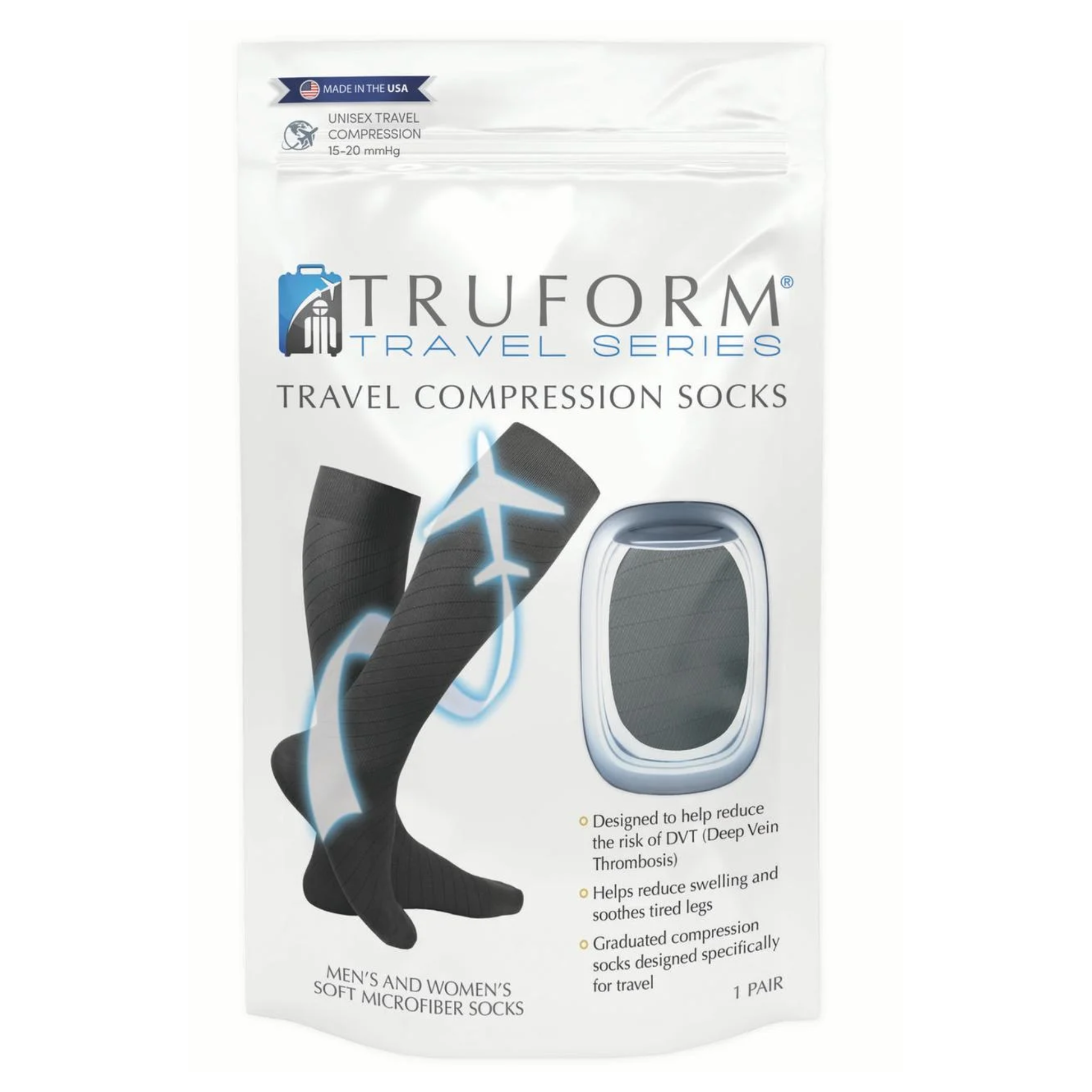 Truform Knee-High Travel Sock, 15-20 mmHg, Black, Medium