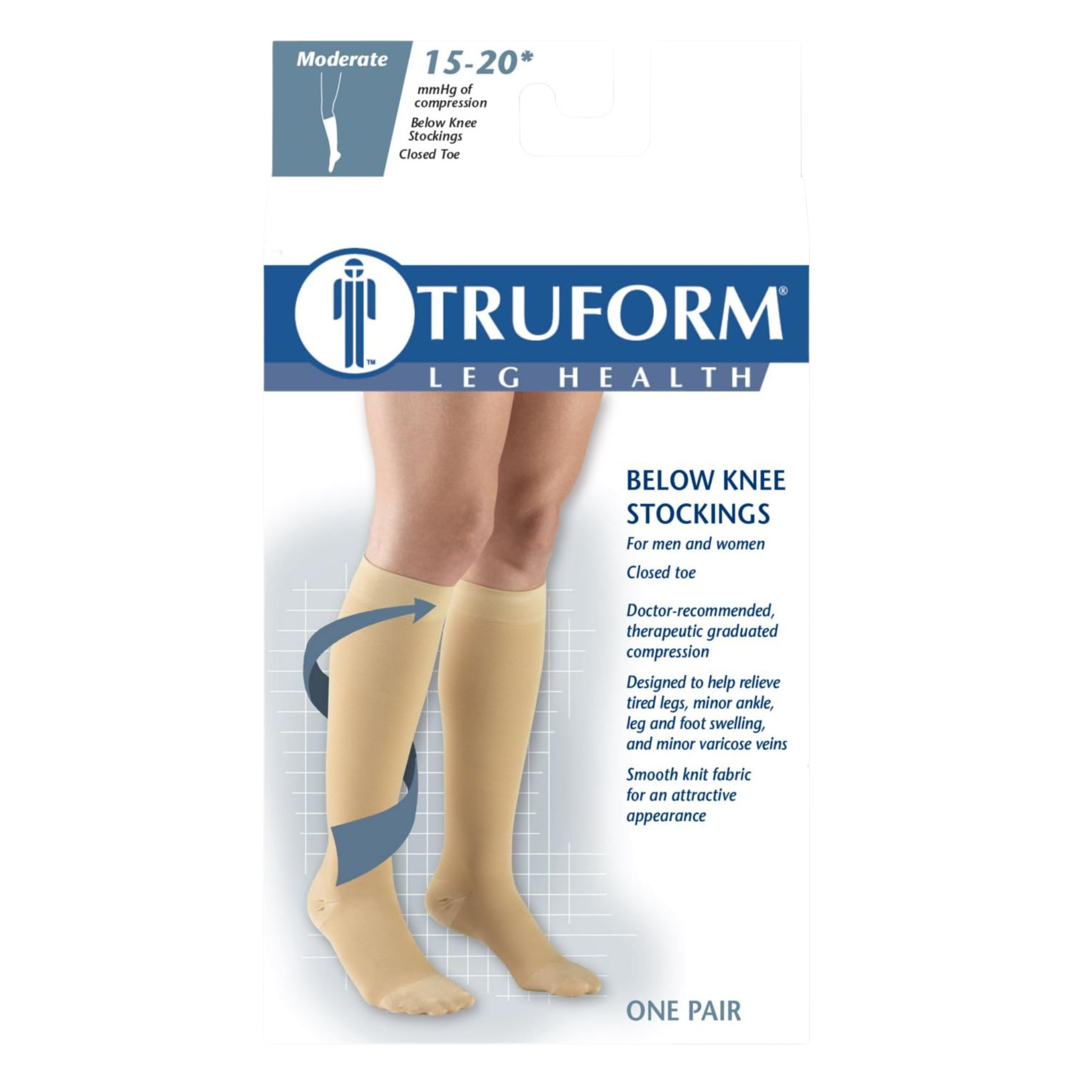 Truform, Unisex Knee-High Compression Stockings, Closed Toe, 15-20 mmHg, Beige, Small