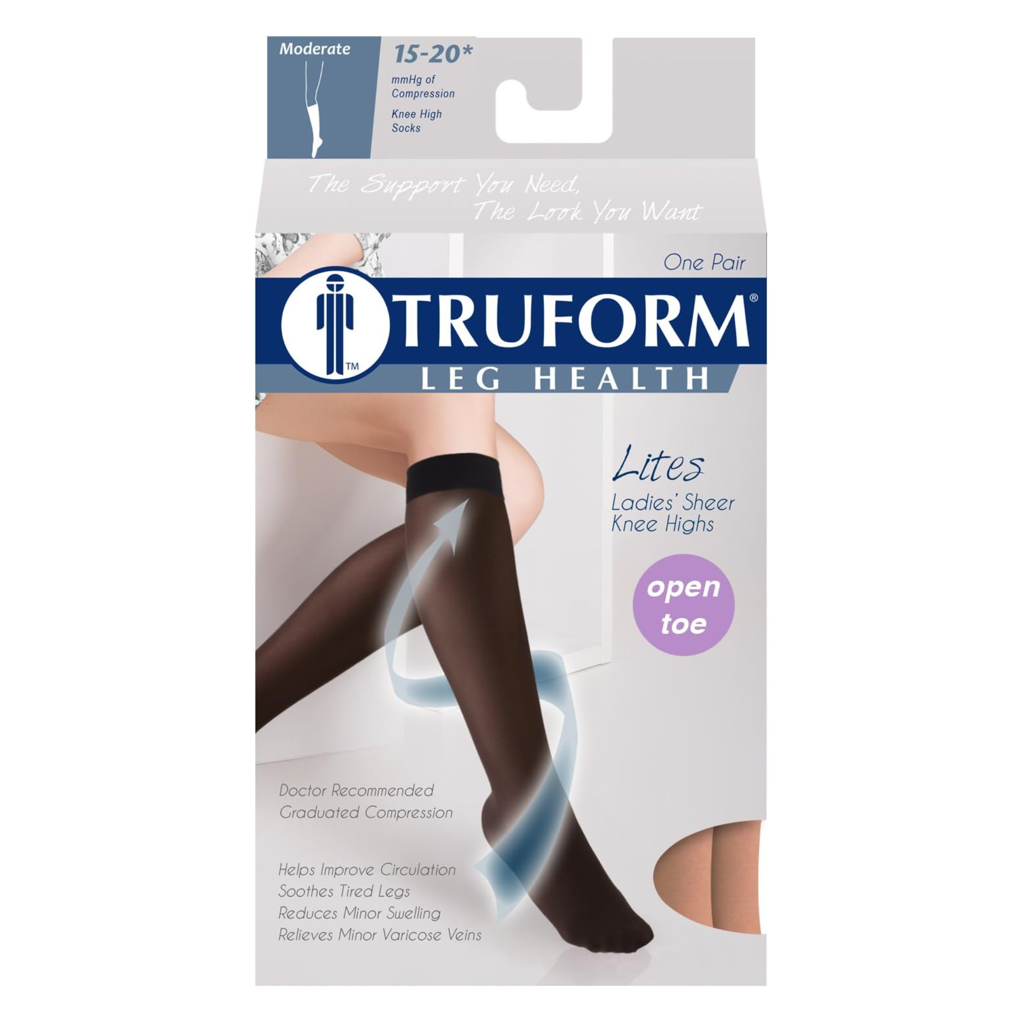 Truform, Women’s Knee High Open Toe Stockings, 15-20 mmHg Moderate Compression for Leg Support, Large, Beige