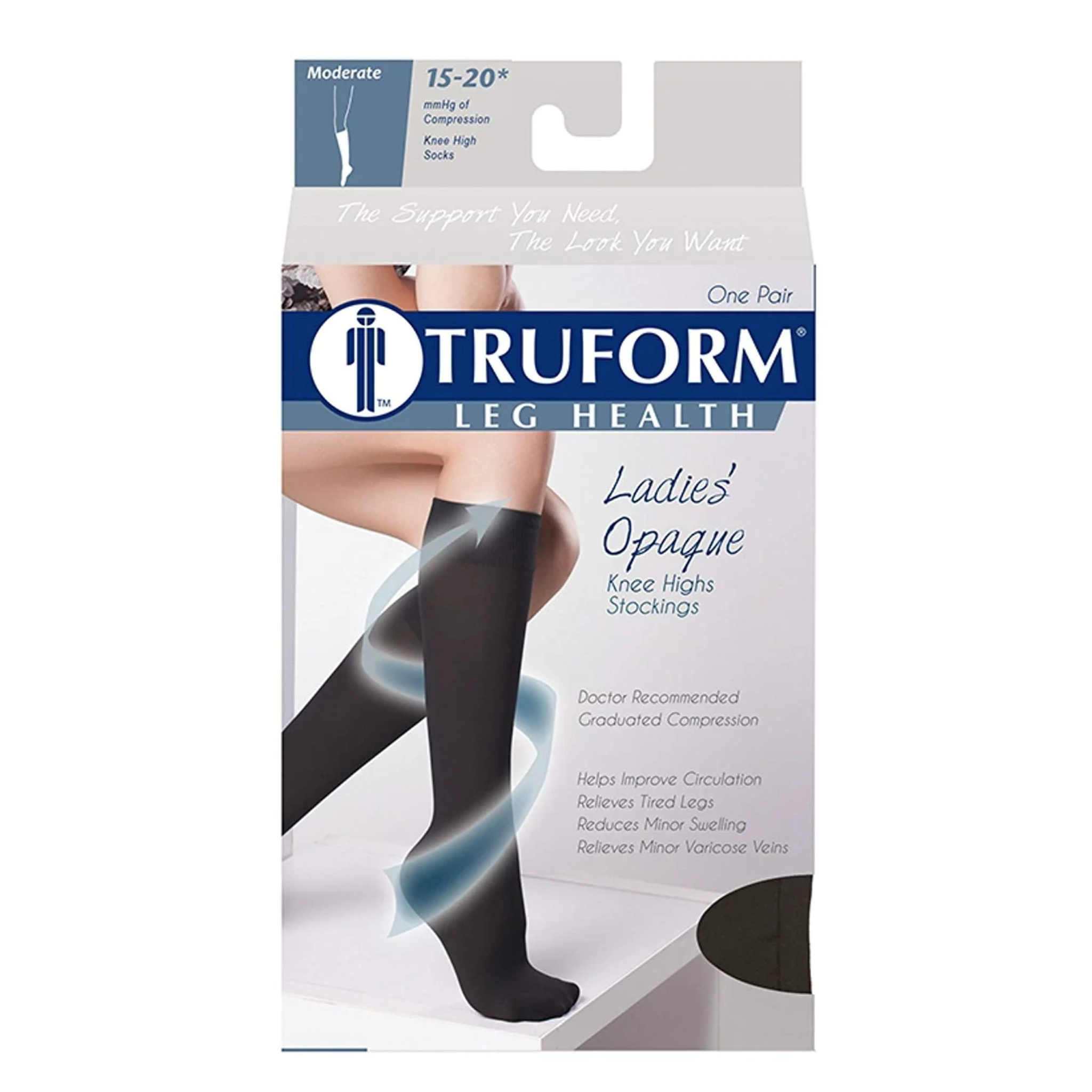 Truform, Women’s Opaque Knee High Closed Toe Compression Stockings, 15-20 mmHg Moderate Support for Circulation, Large, Black