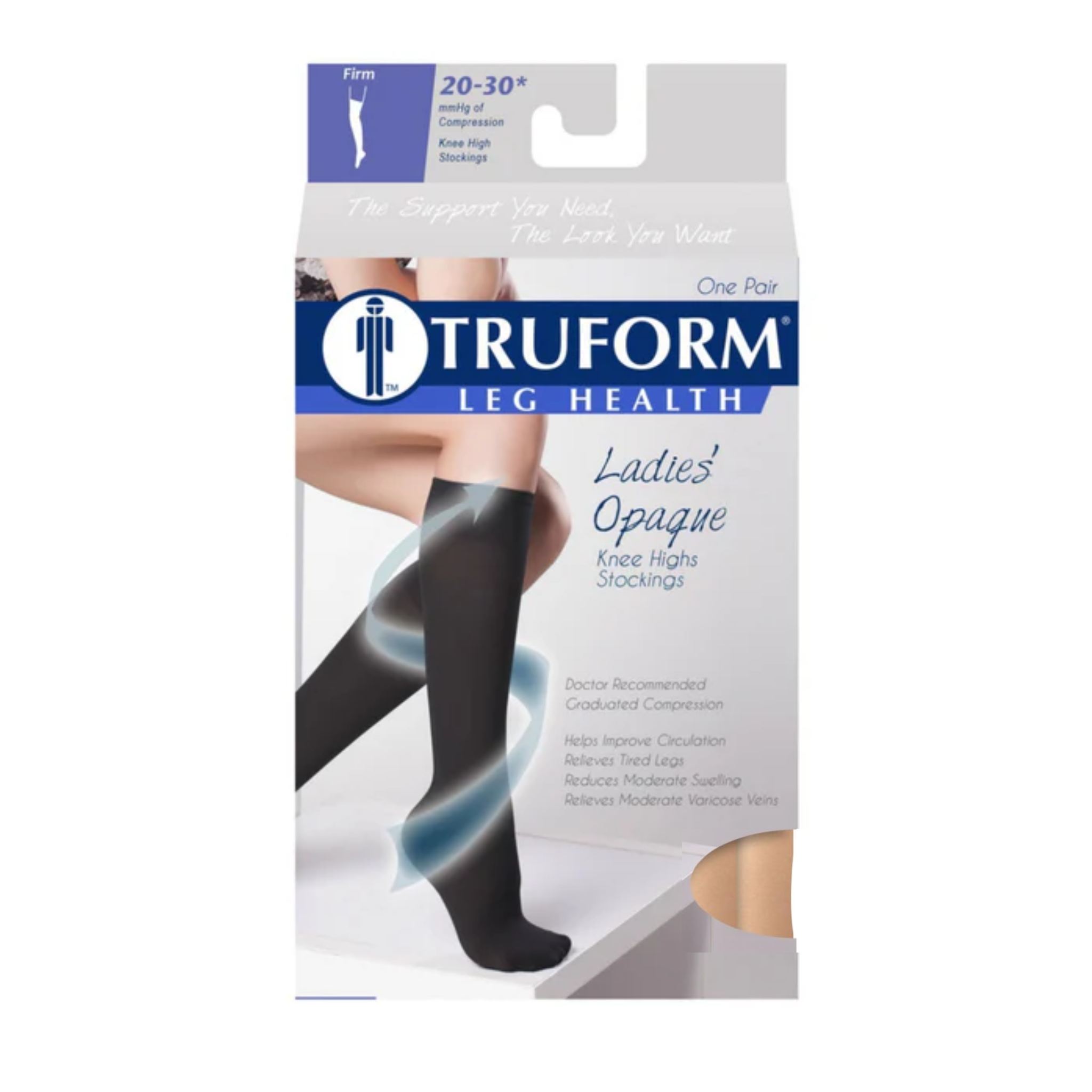 Truform, Women’s Opaque Knee High Closed Toe Compression Stockings, 20-30 mmHg Firm Support for Circulation, Large, Beige