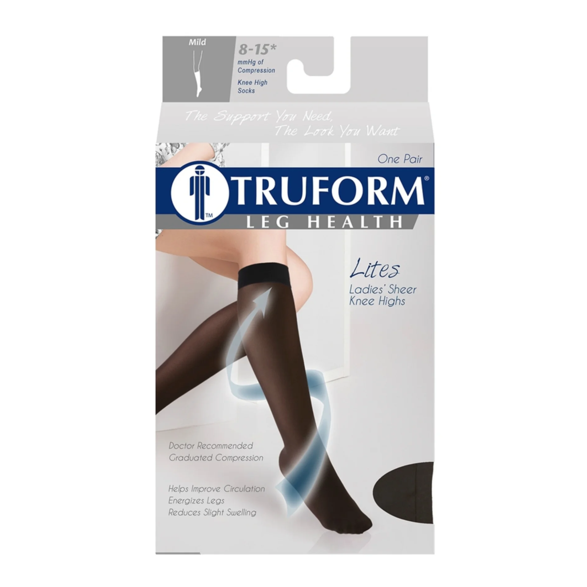 Truform, Women’s Knee High Sheer Stockings, 8-15 mmHg Light Compression for Everyday Wear, Small, Black