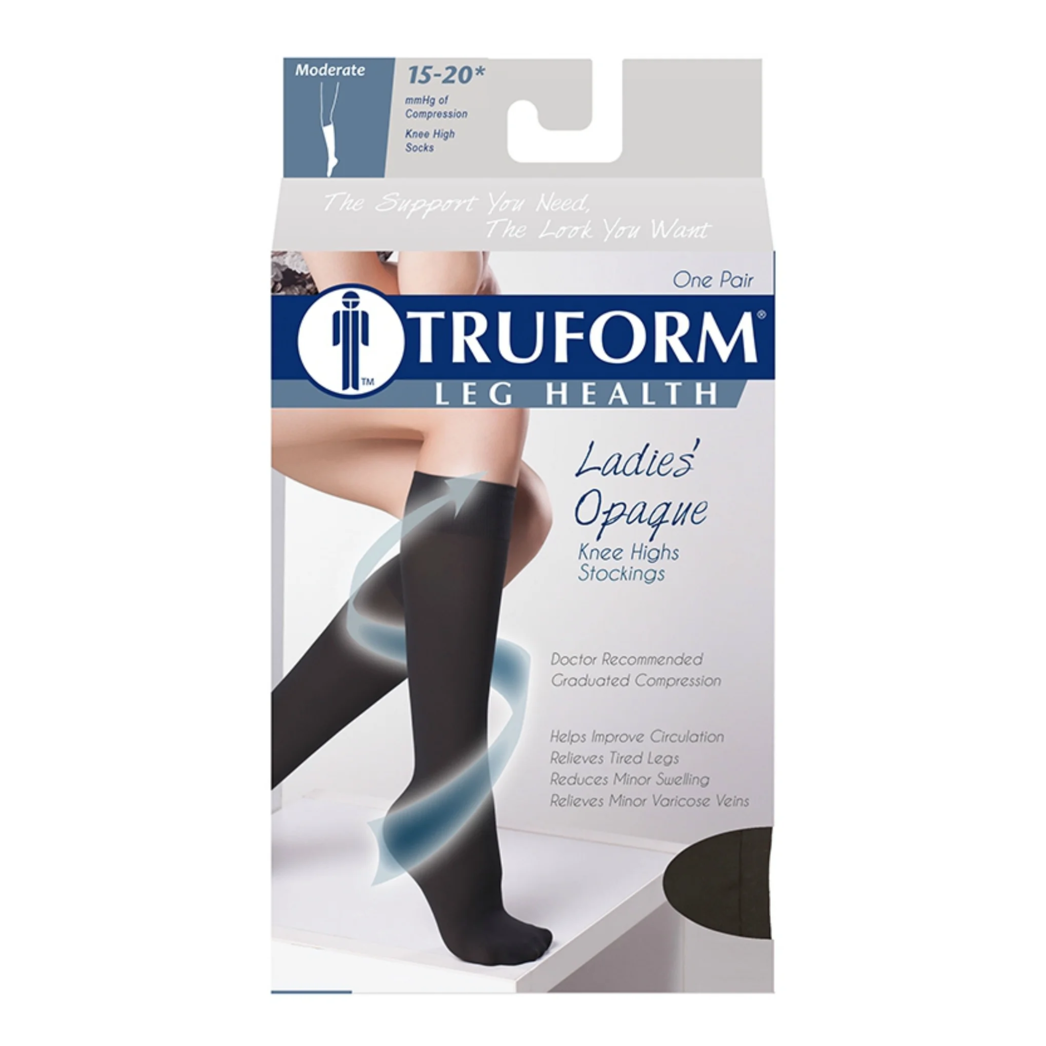 Truform, Women's Knee-High Compression Stockings, Closed Toe, 15-20 mmHg, Black, Extra Large