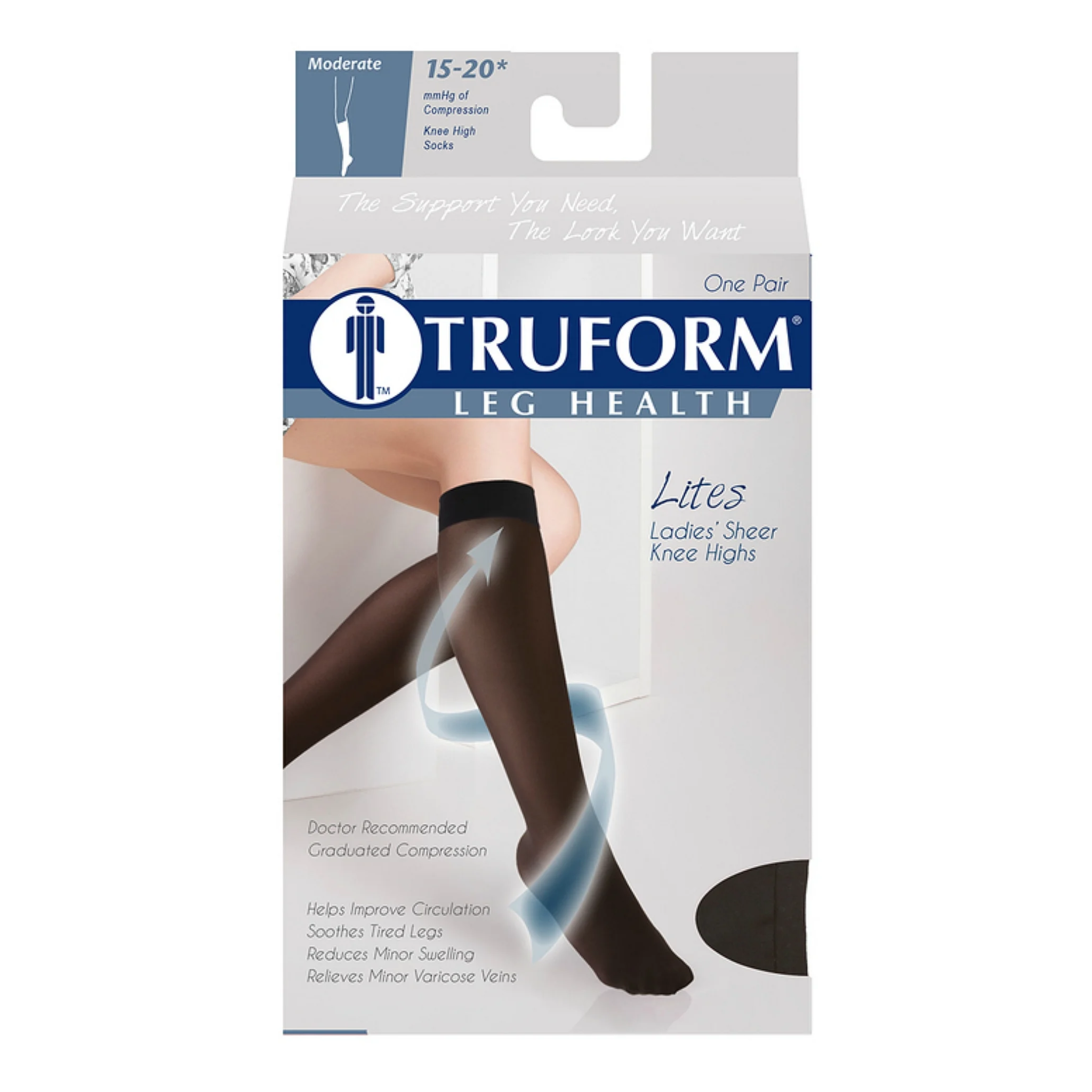 Truform, Women’s Sheer Knee High Closed Toe Compression Stockings, 15-20 mmHg Moderate Support for Circulation, Small, Black