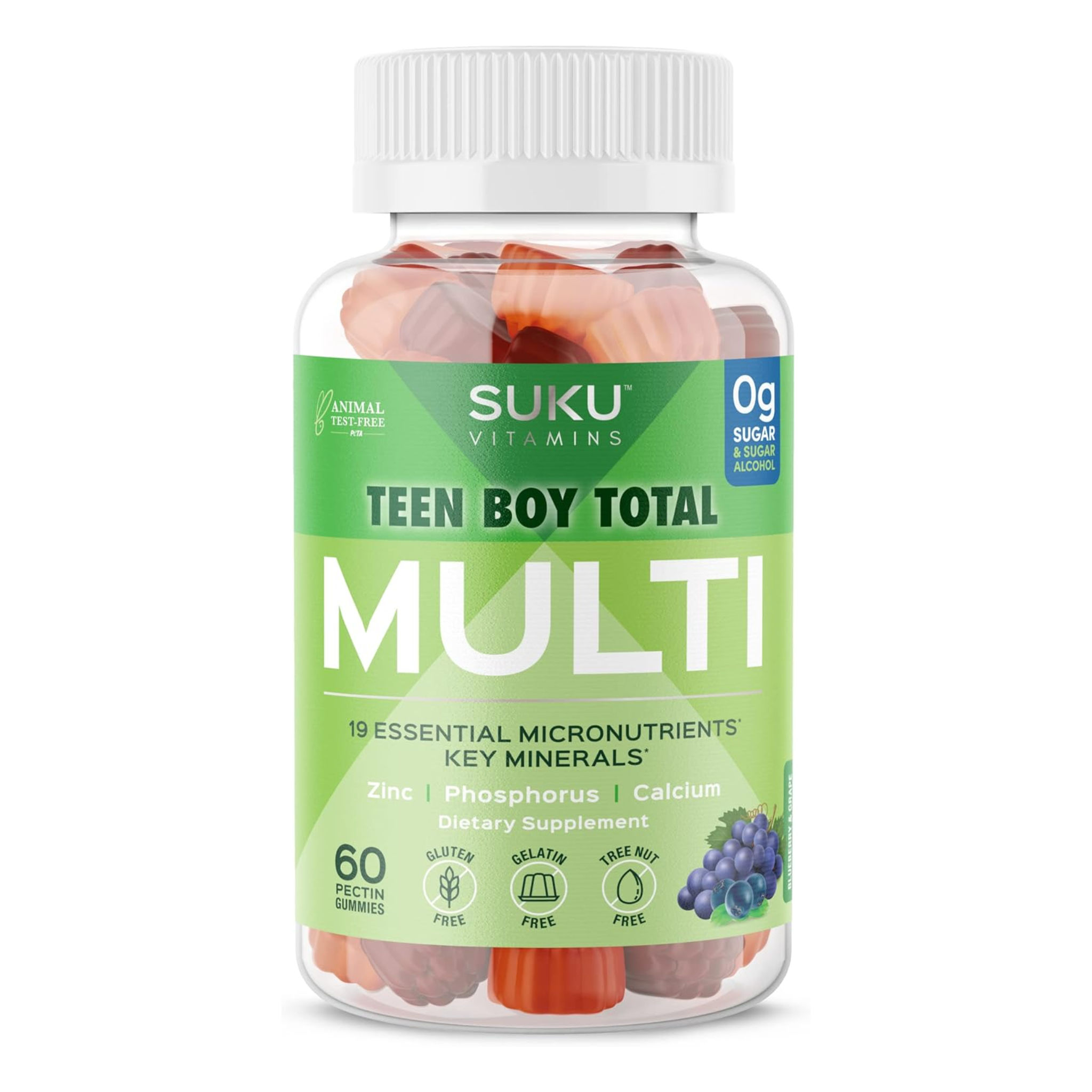 Teen Boy, Multivitamin Gummy Supplement, Sugar-Free, Vegetarian, 19 Essential Nutrients, Bone and Muscle Support, Blueberry Grape Flavor, 60 Count