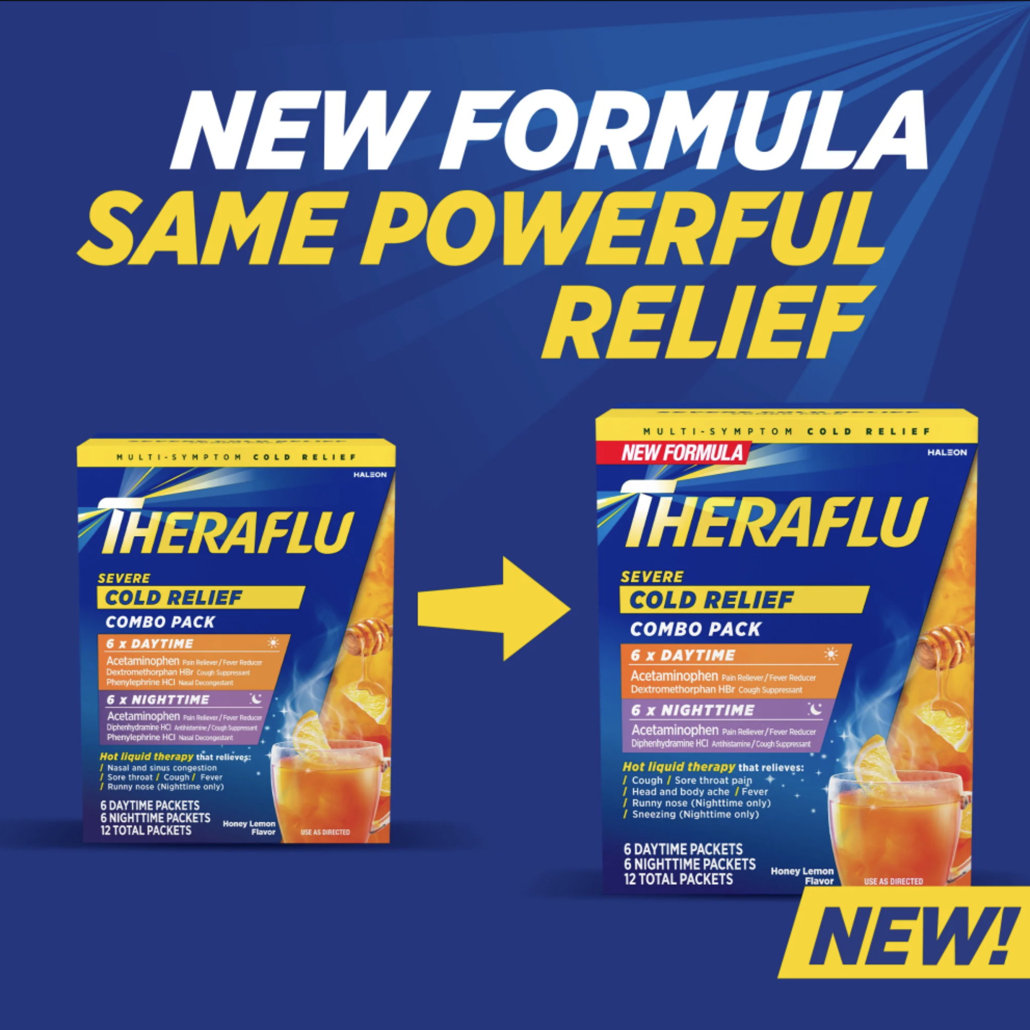 Theraflu Severe Cough Cold and Flu Day and Nighttime Relief Medicine Powder, Honey Lemon, 12 Count