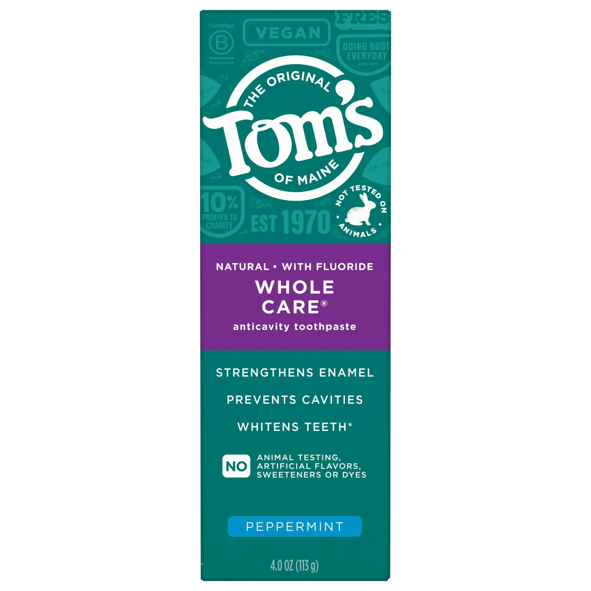 Tom’s of Maine, Whole Care Natural Toothpaste with Fluoride, Peppermint Flavor for Cavity Protection and Fresh Breath, 4.0 Oz