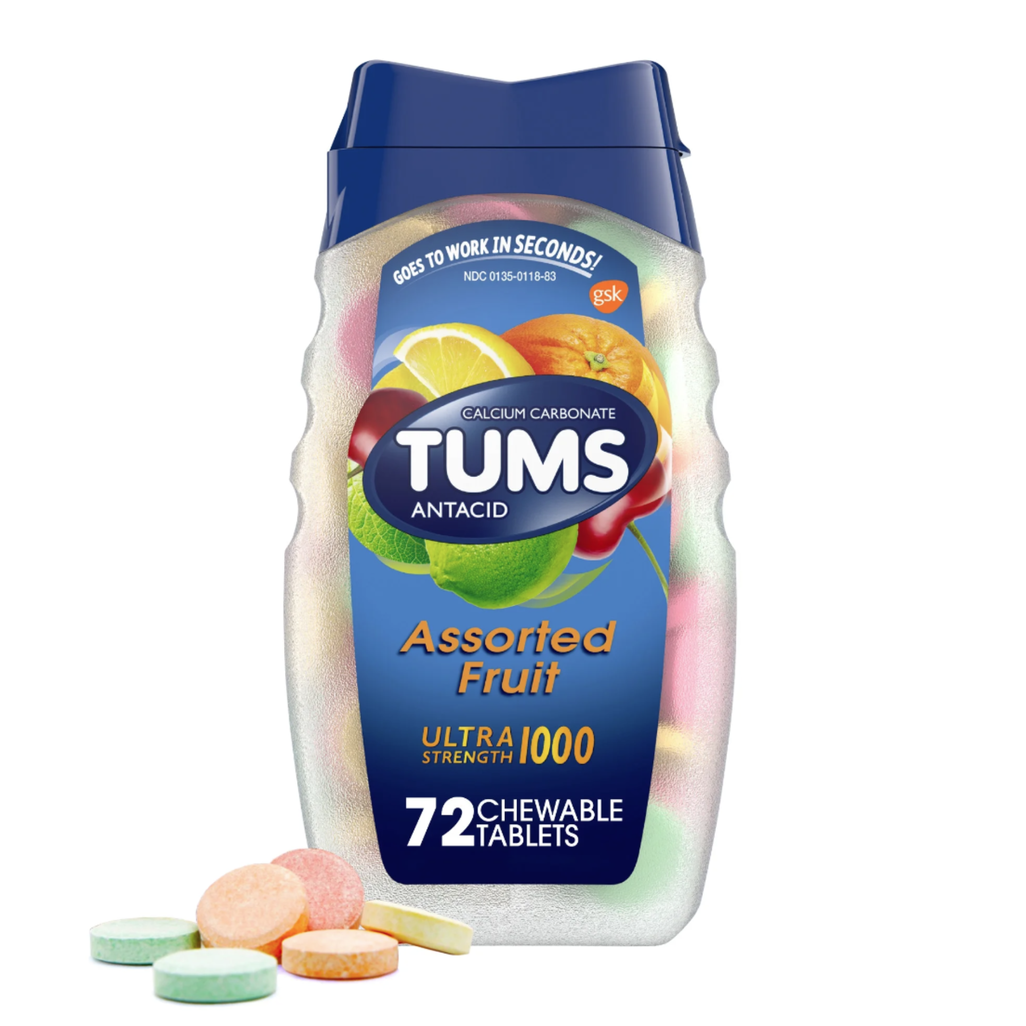 Tums Ultra Strength Heartburn Relief Chewable Antacid Tablets, Fruit, 72 Count