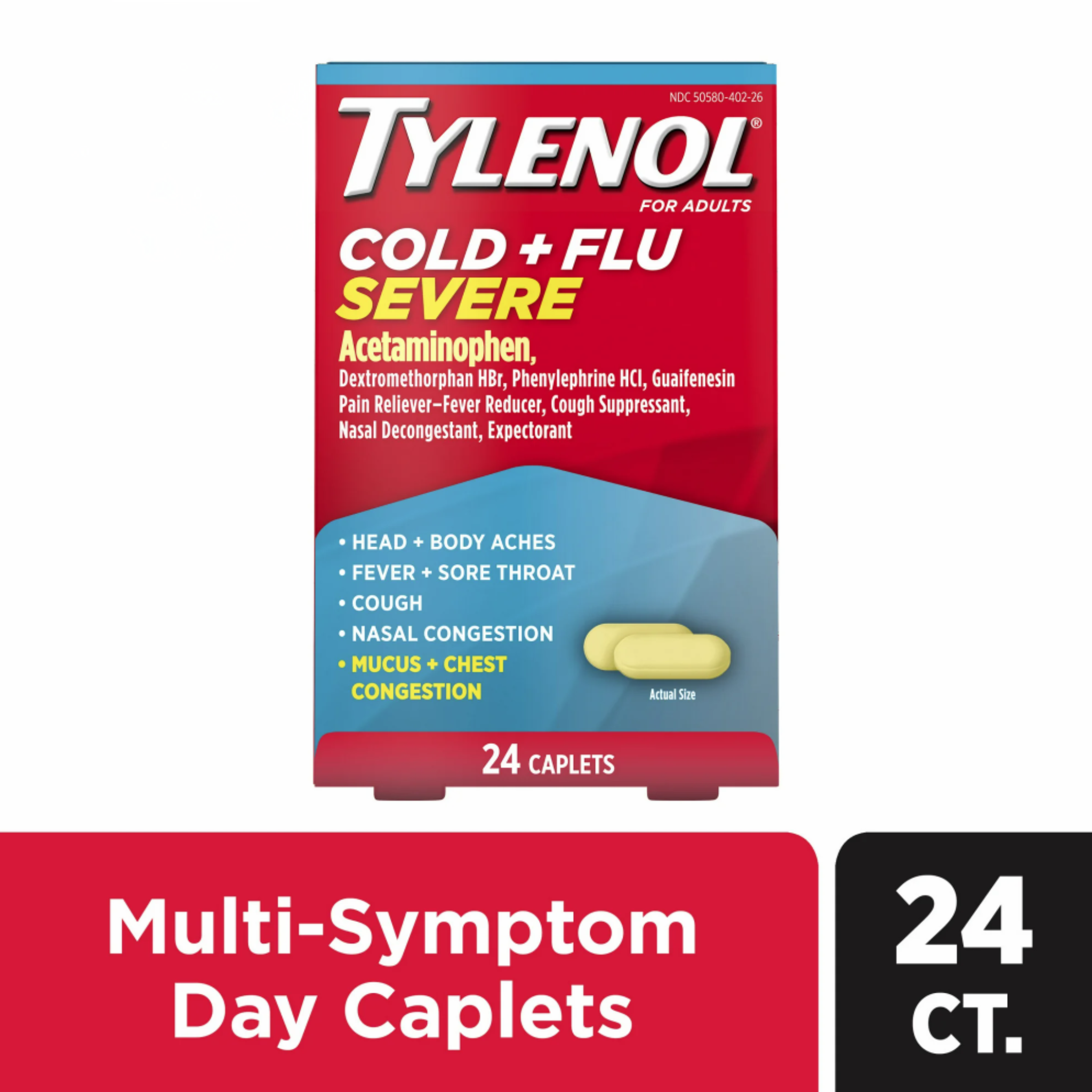 Tylenol Cold + Flu Severe Caplets for Multi-Symptom Relief, 24 Ct.