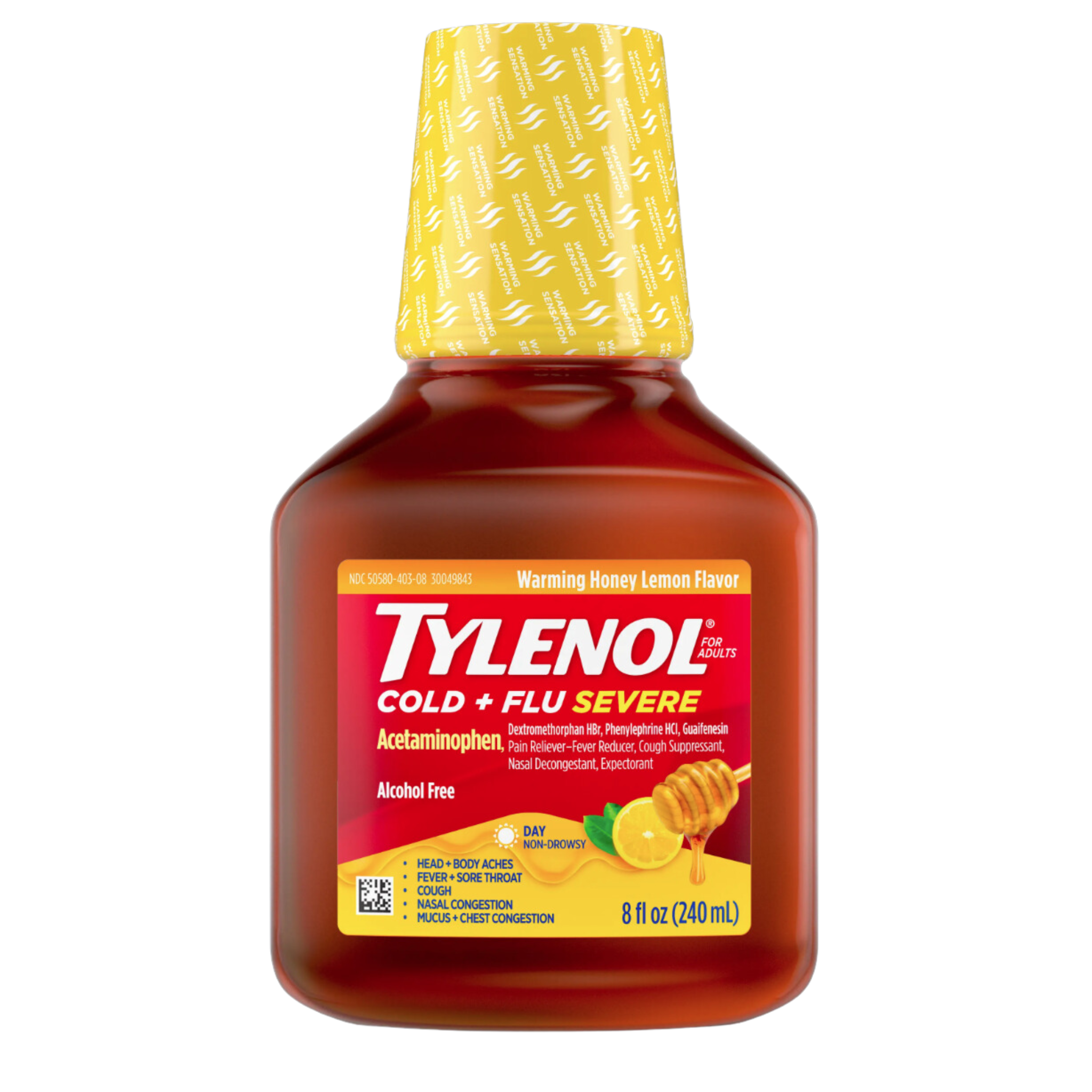 Tylenol Cold + Flu Severe Medicine w/Acetaminophen, DextromethorphanHBr, Guaifenesin, PhenylephrineHCI, Liquid Daytime Cold/Fever & Chest Congestion Relief, Warming Honey Lemon, 8 Fl. Oz