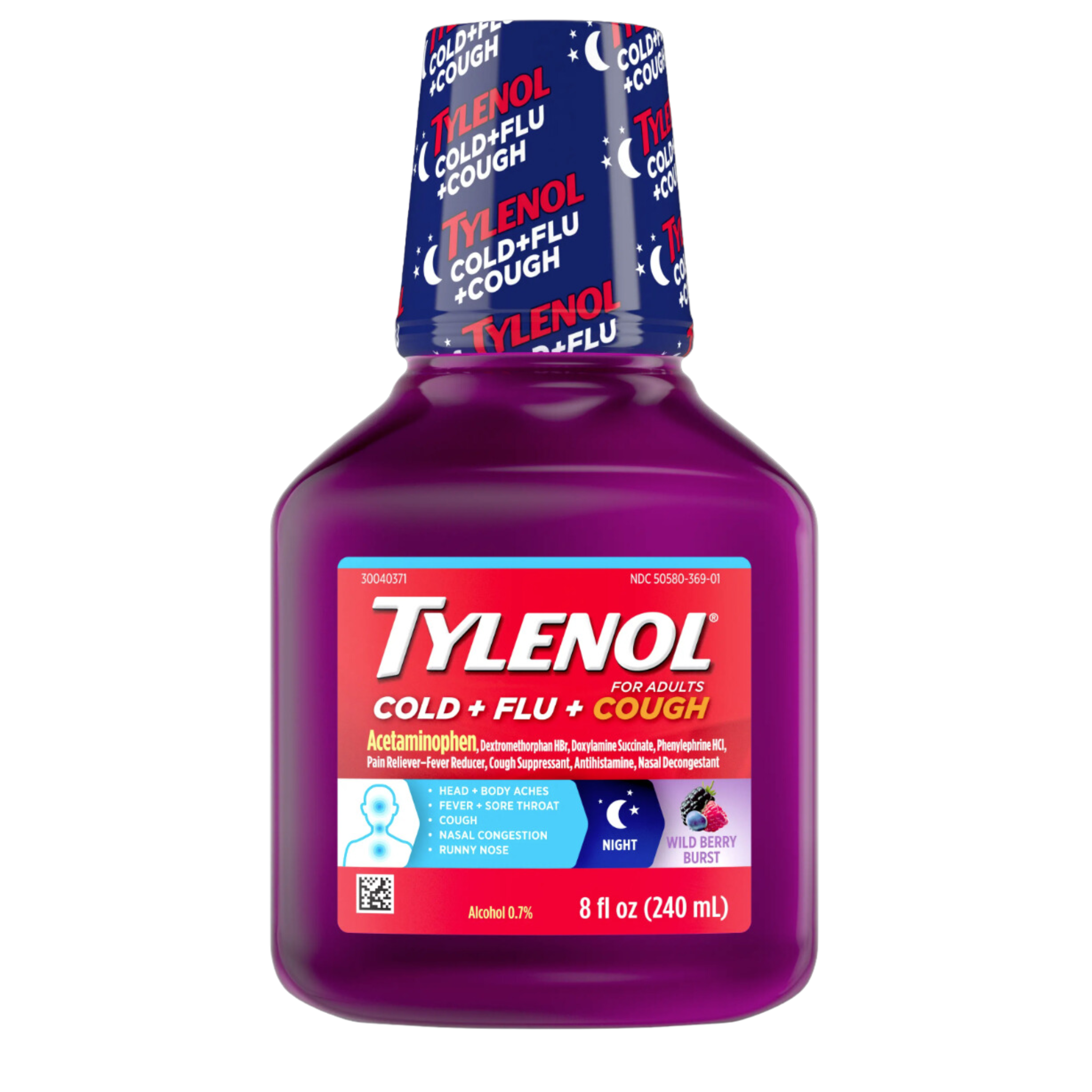 Tylenol Cold + Flu + Cough Night Liquid Medicine with Acetaminophen Pain Reliever & Fever Reducer, Cough Suppressant, Nasal Decongestant & Antihistamine, Wild Berry Burst Flavor, 8 fl. oz