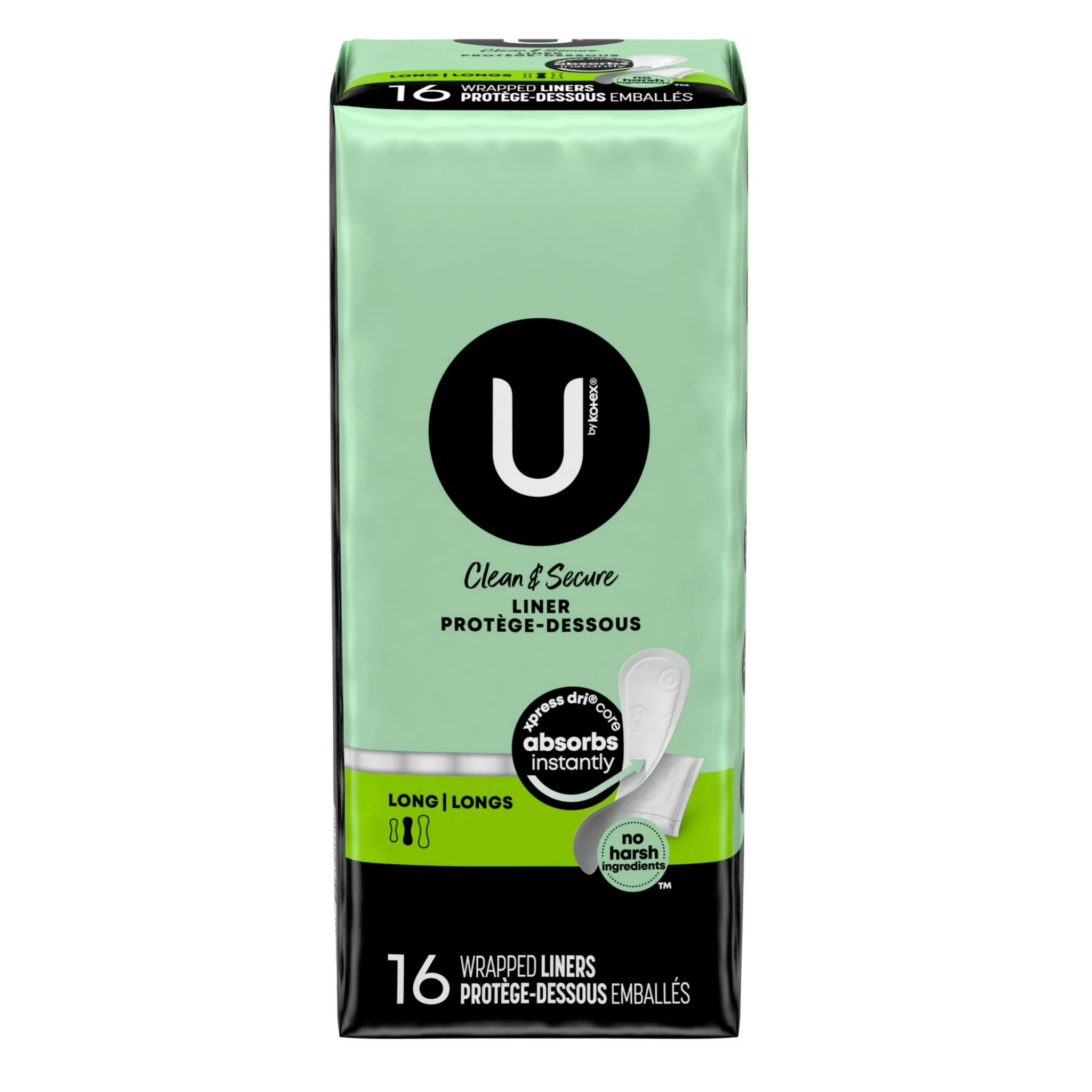 U by Kotex Clean & Secure Wrapped Panty Liners, Light Absorbency, Long Length, 16 Count