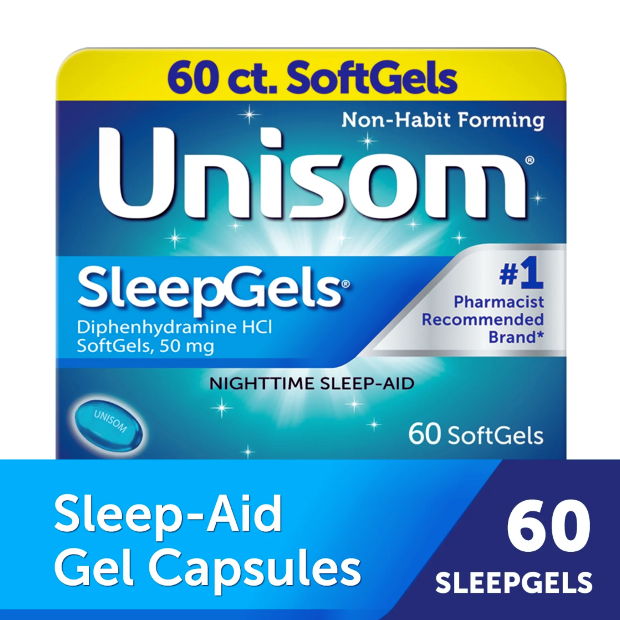 Unisom SleepGels Diphenhydramine HCL Softgel Sleeping Pills, Nighttime Sleep Aid, 50 mg, 60 Count - Pharmaful