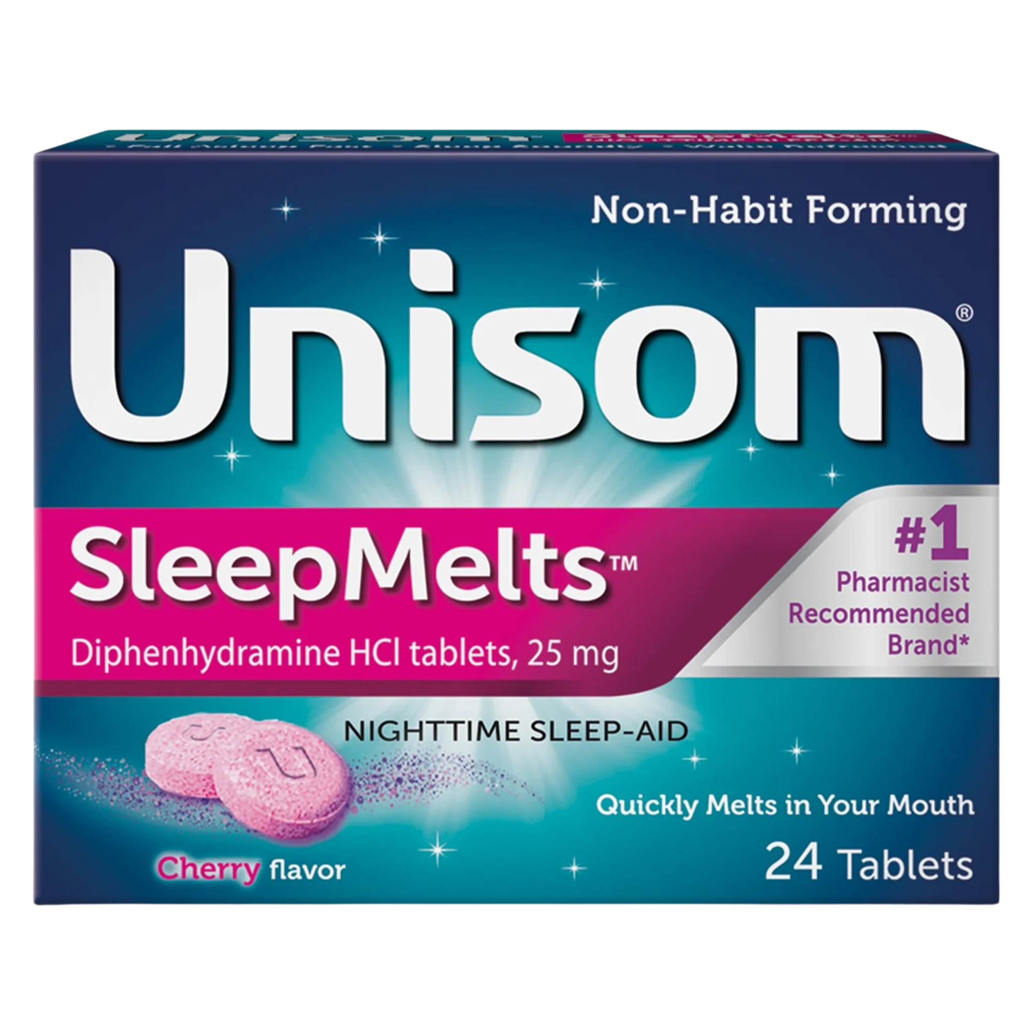 Unisom, SleepMelts Sleep Aid Tablets, Cherry Flavor with 25 mg Diphenhydramine HCI for Restful Sleep, 24 Count