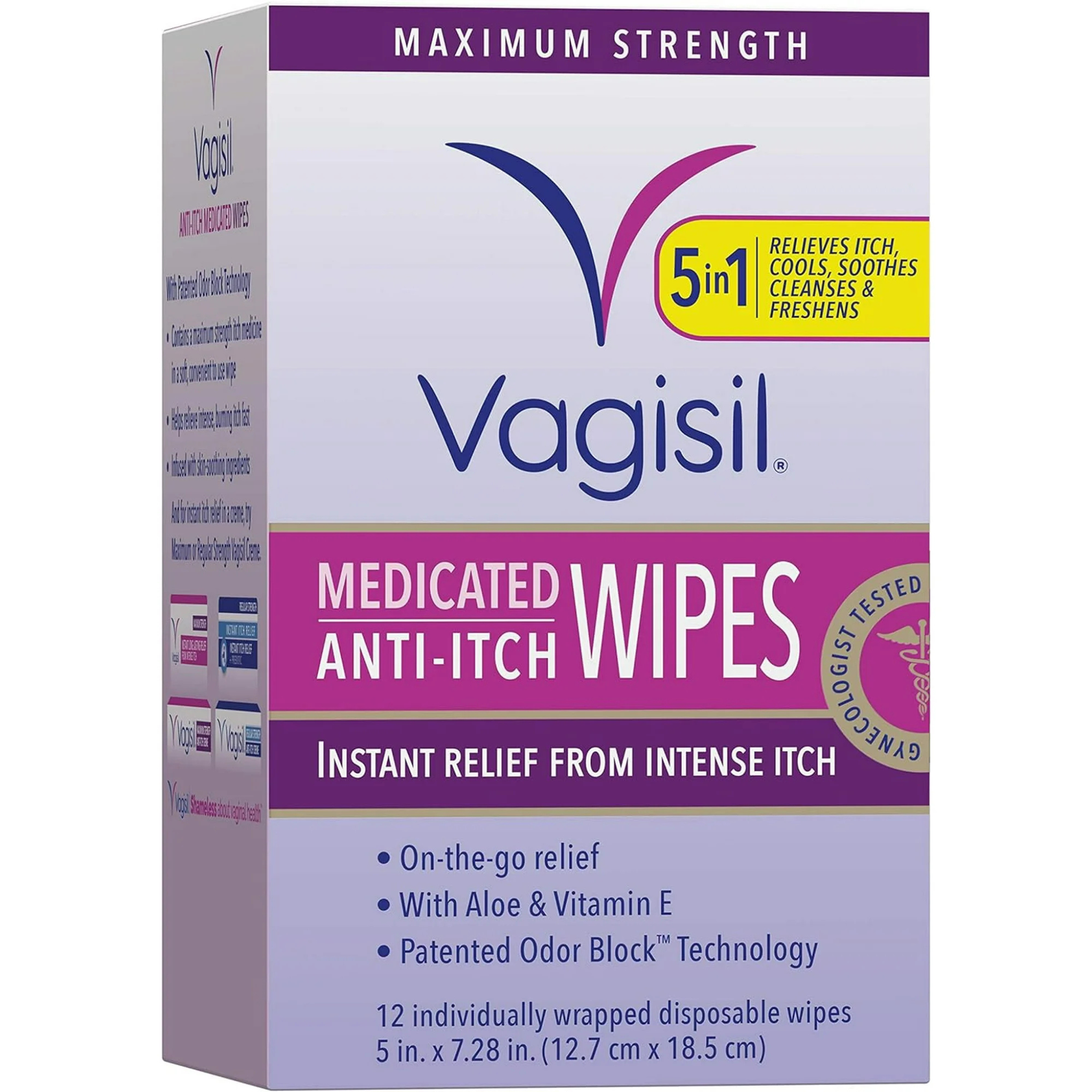Vagisil Anti-Itch Medicated Feminine Intimate Wipes for Women, Maximum Strength, Gynecologist Tested, 12 Wipes