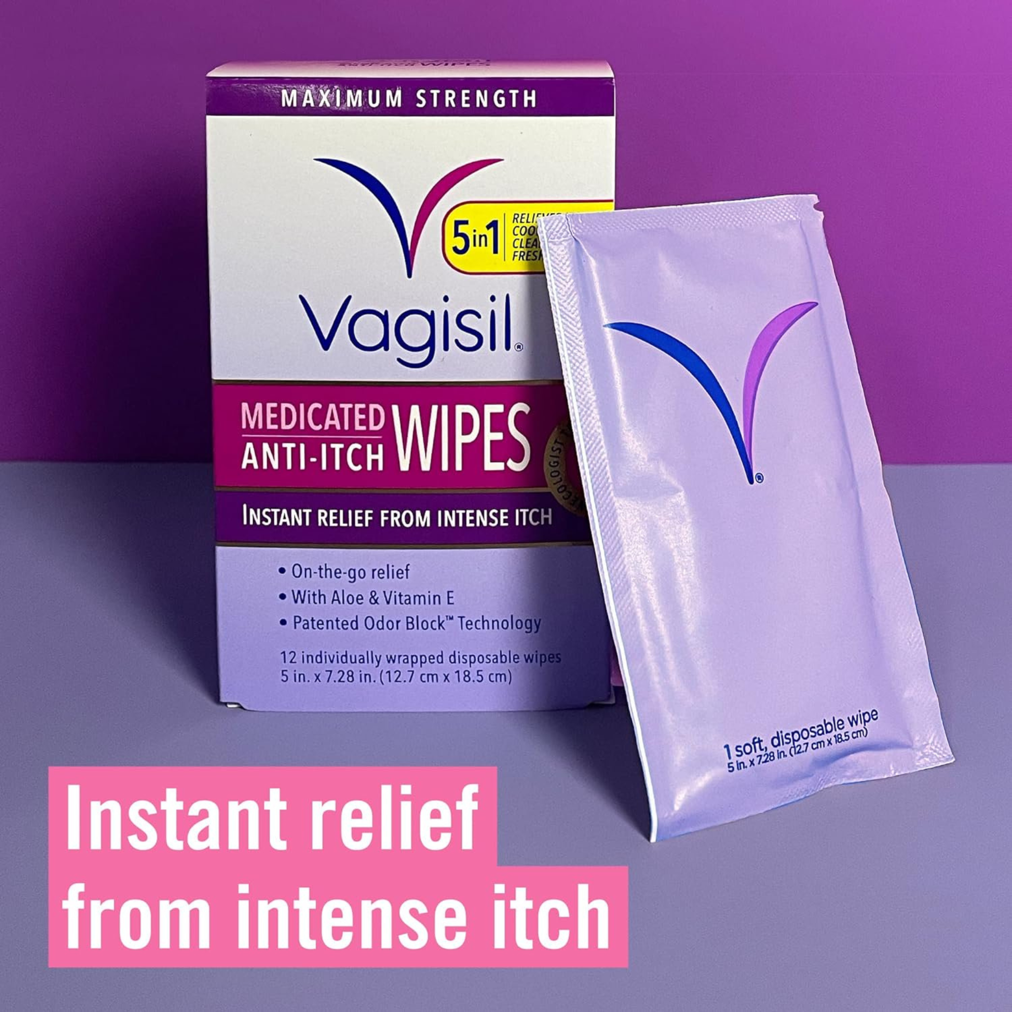 Vagisil Anti-Itch Medicated Feminine Intimate Wipes for Women, Maximum Strength, Gynecologist Tested, 12 Wipes
