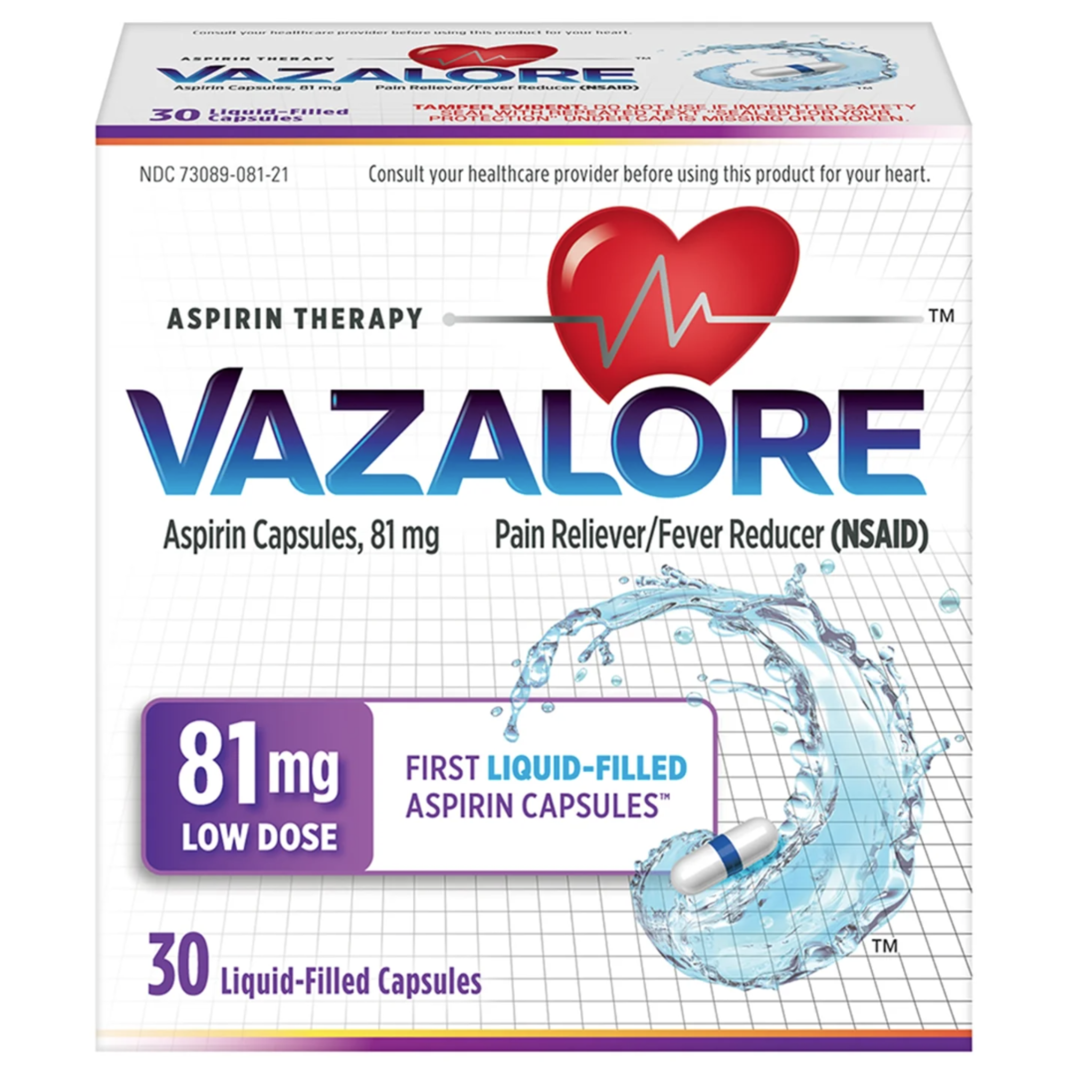 Vazalore Aspirin 81 mg, Adult Aspirin, Liquid-Filled Capsules, Low Dose Aspirin Therapy, 30 ct