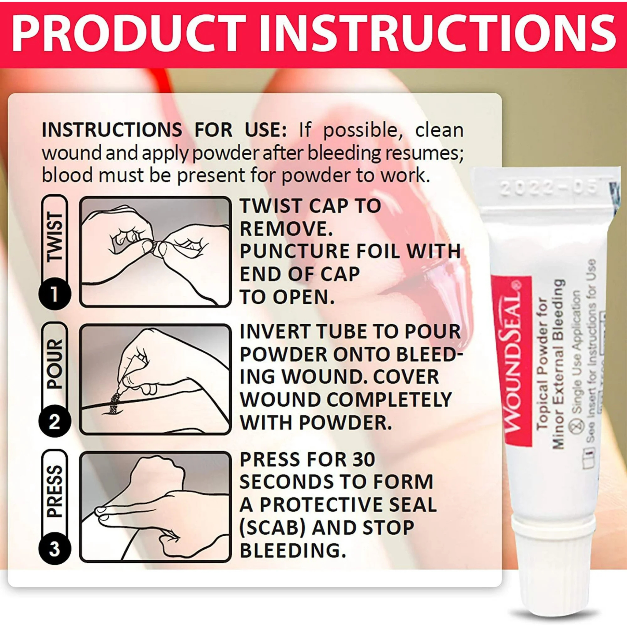 Wound Seal, Safe & Effective Bleeding Control Powder, Convenient Tube Applicator for First Aid, 4 Ct