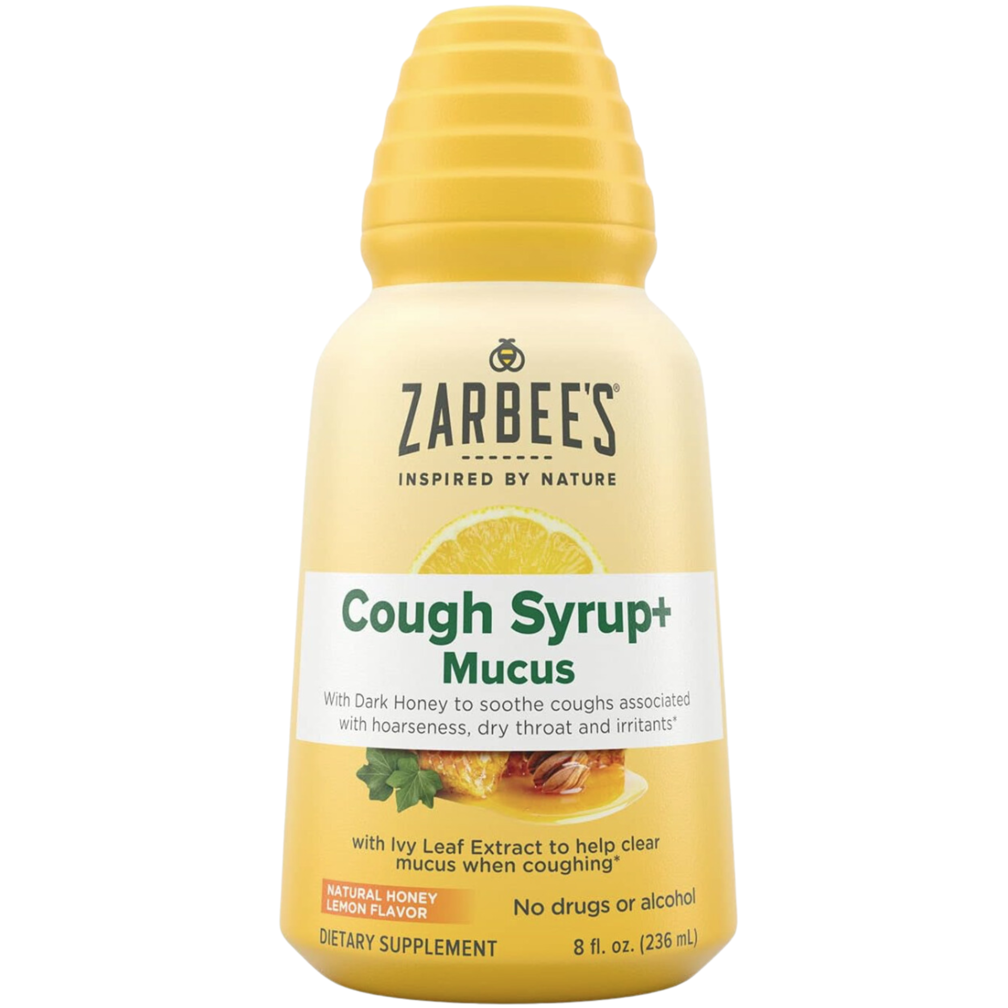 Zarbee's Adult Daytime Cough Syrup + Mucus with Honey, Ivy Leaf, Vitamin C, D & Zinc, Thyme, Drug & Alcohol-Free, Gluten-Free, Ages 12+, Natural Honey Lemon Flavor, 8 Fl.oz