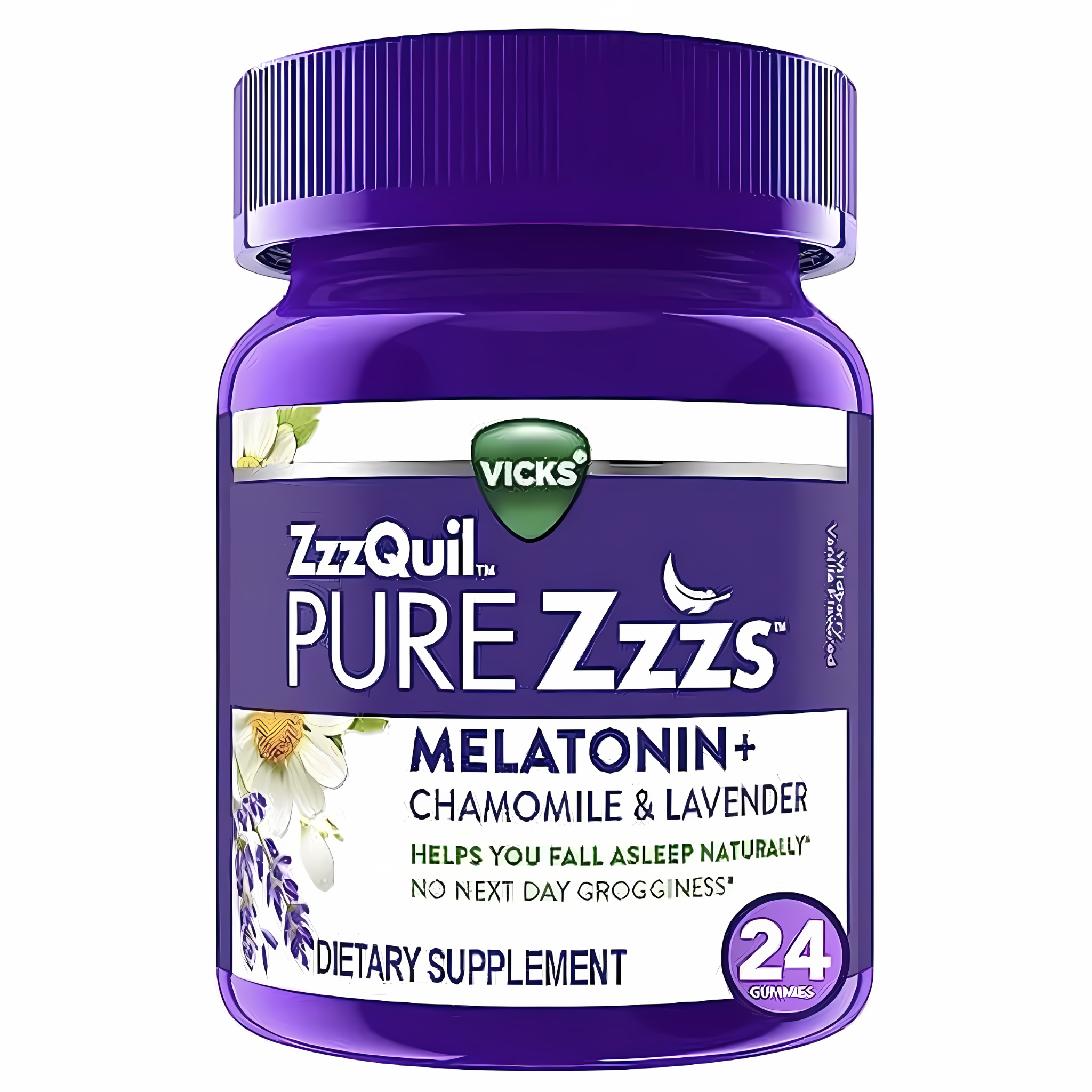 ZzzQuil PURE Zzzs, Melatonin Sleep Aid Gummies with Lavender, Valerian Root and Chamomile, Natural Wildberry Vanilla Flavor, Non-Habit Forming, Drug-Free, 24 Gummies
