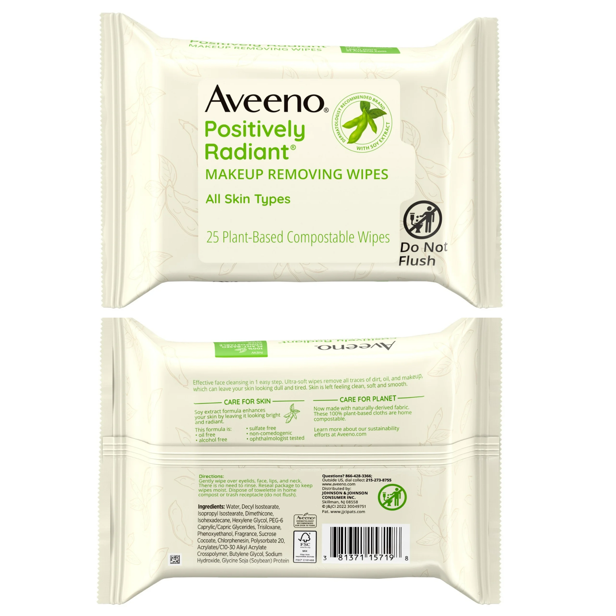 Aveeno, Positively Radiant Makeup Removing Wipes, Gentle Cleansing Wipes, 25 Ct