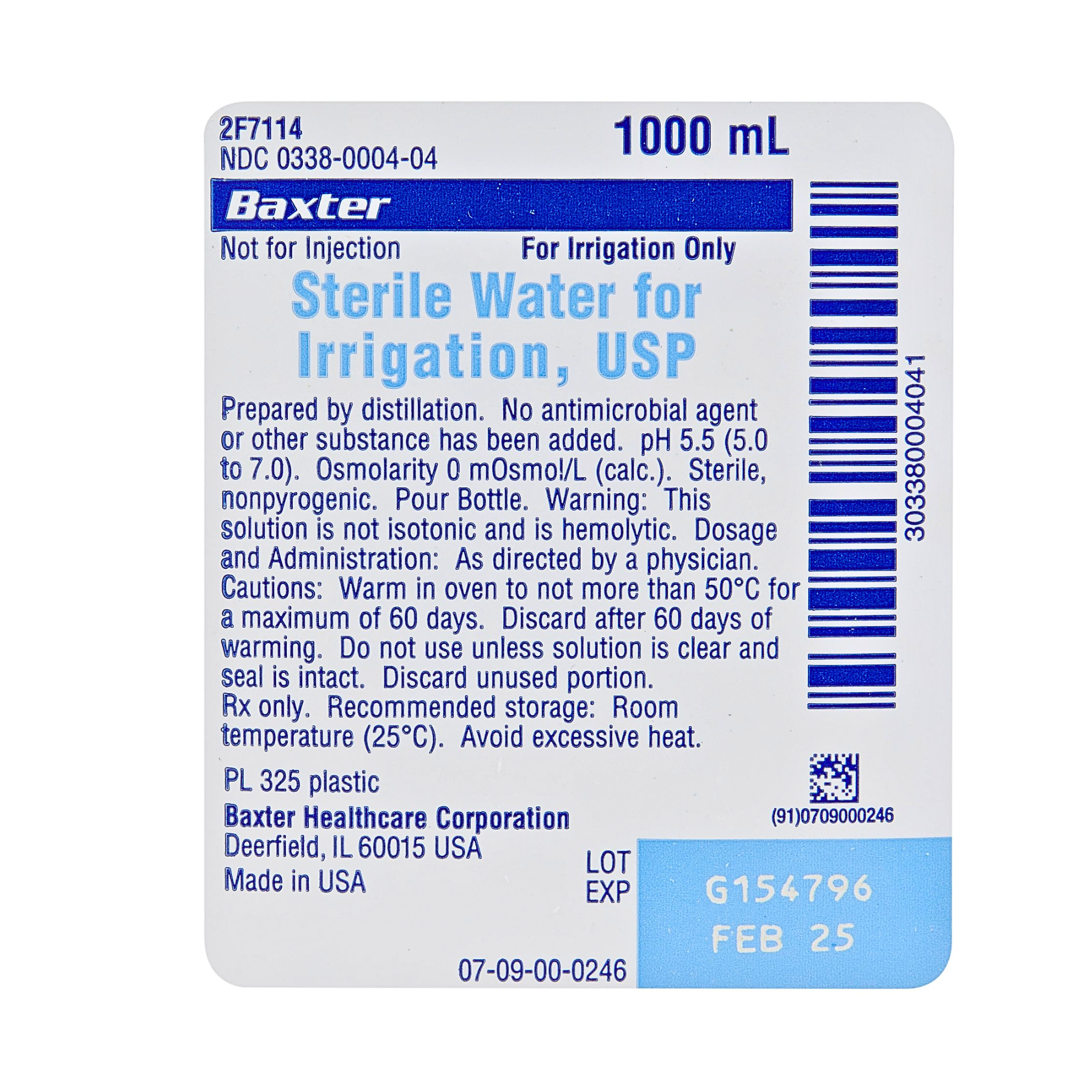 Baxter, Sterile Water for Irrigation, Not for Injection, 1000 mL Bottle, 12 Pack