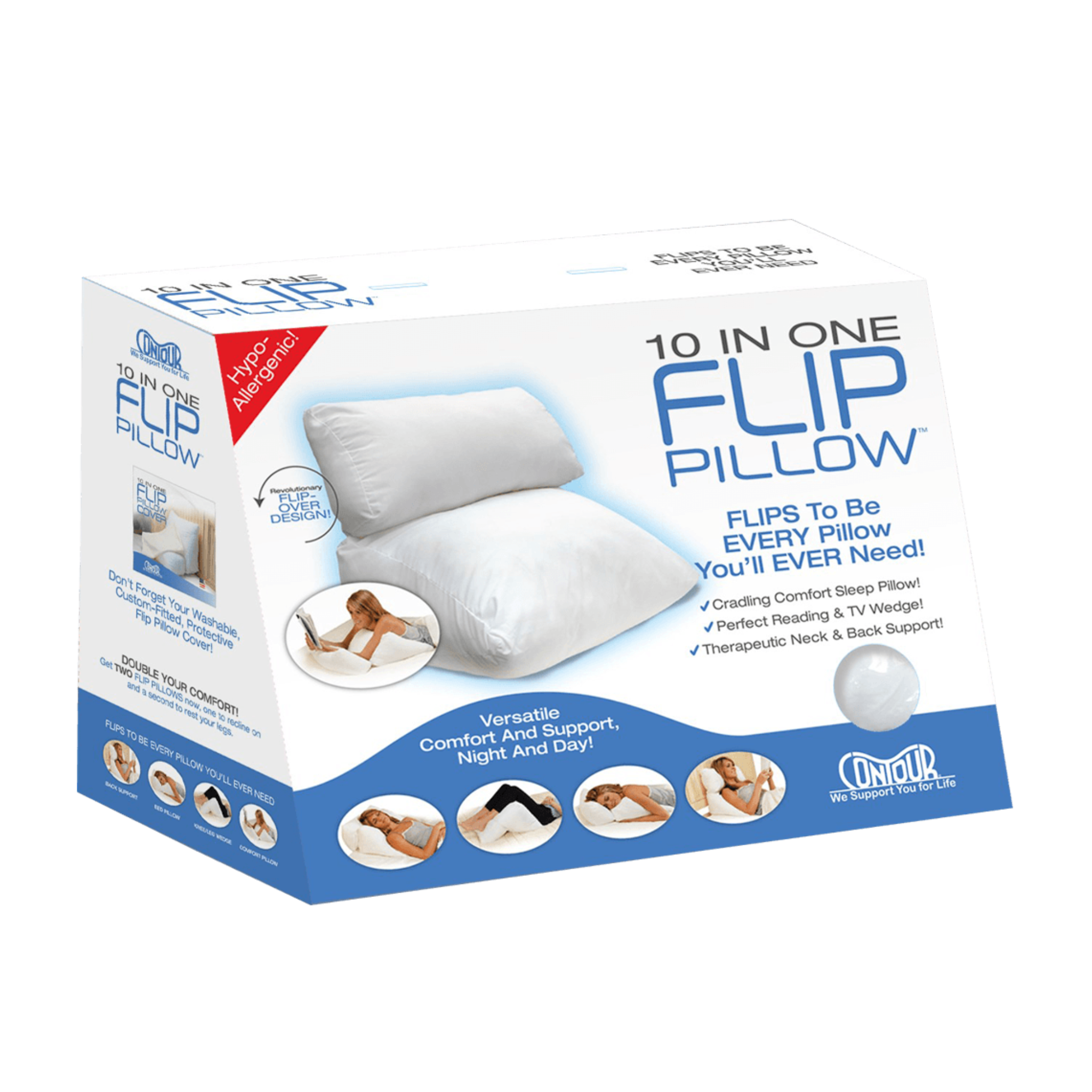 Contour, 10-in-1 Flip Pillow, Multi-Position Support Cushion for Comfort & Relaxation, White