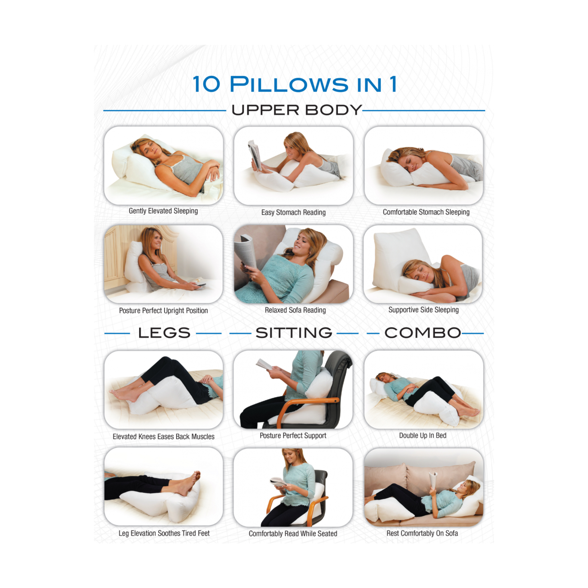 Contour, 10-in-1 Flip Pillow, Multi-Position Support Cushion for Comfort & Relaxation, White