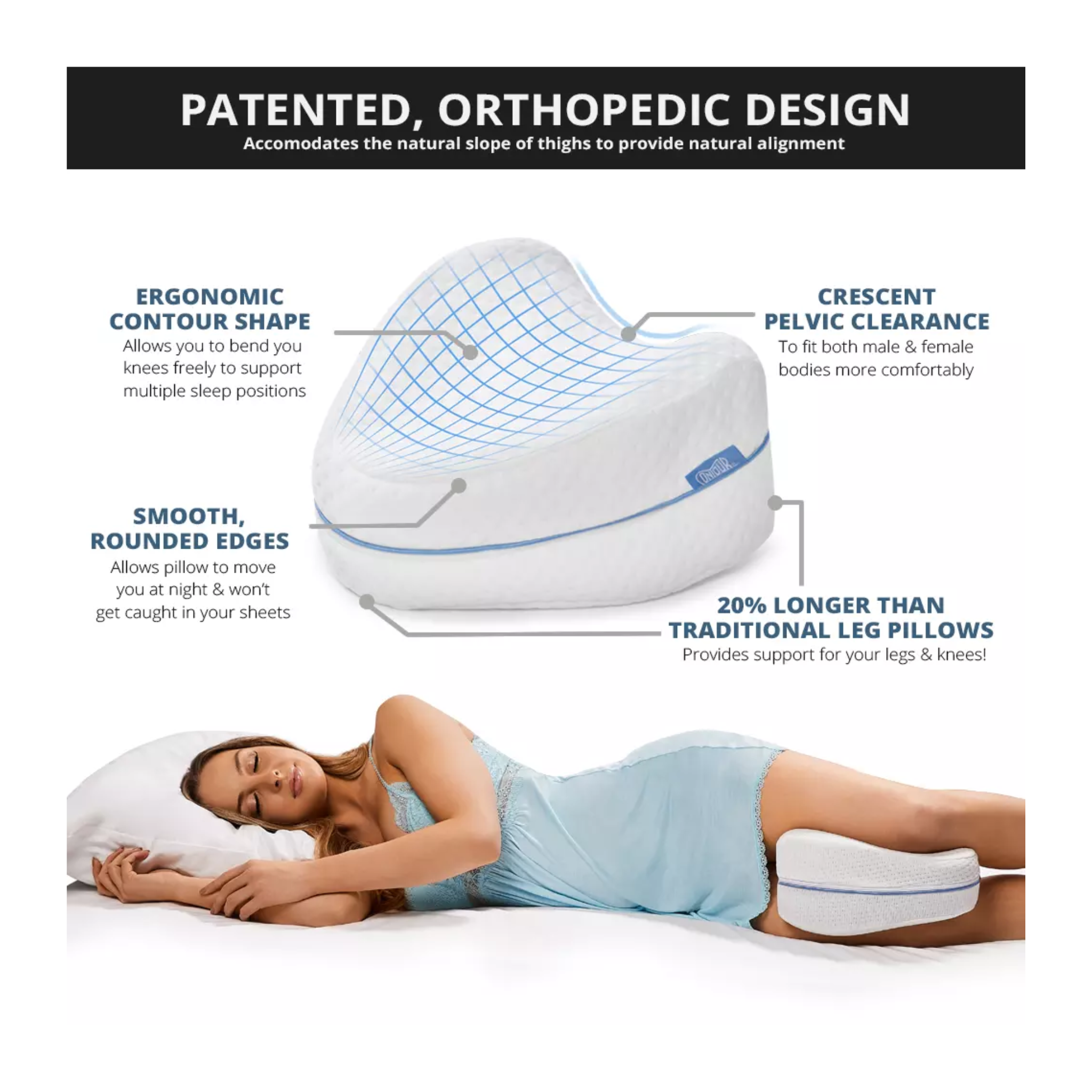 Contour, Legacy Leg Foam Support Pillow, Ergonomic Cushion for Knee & Hip Alignment, White