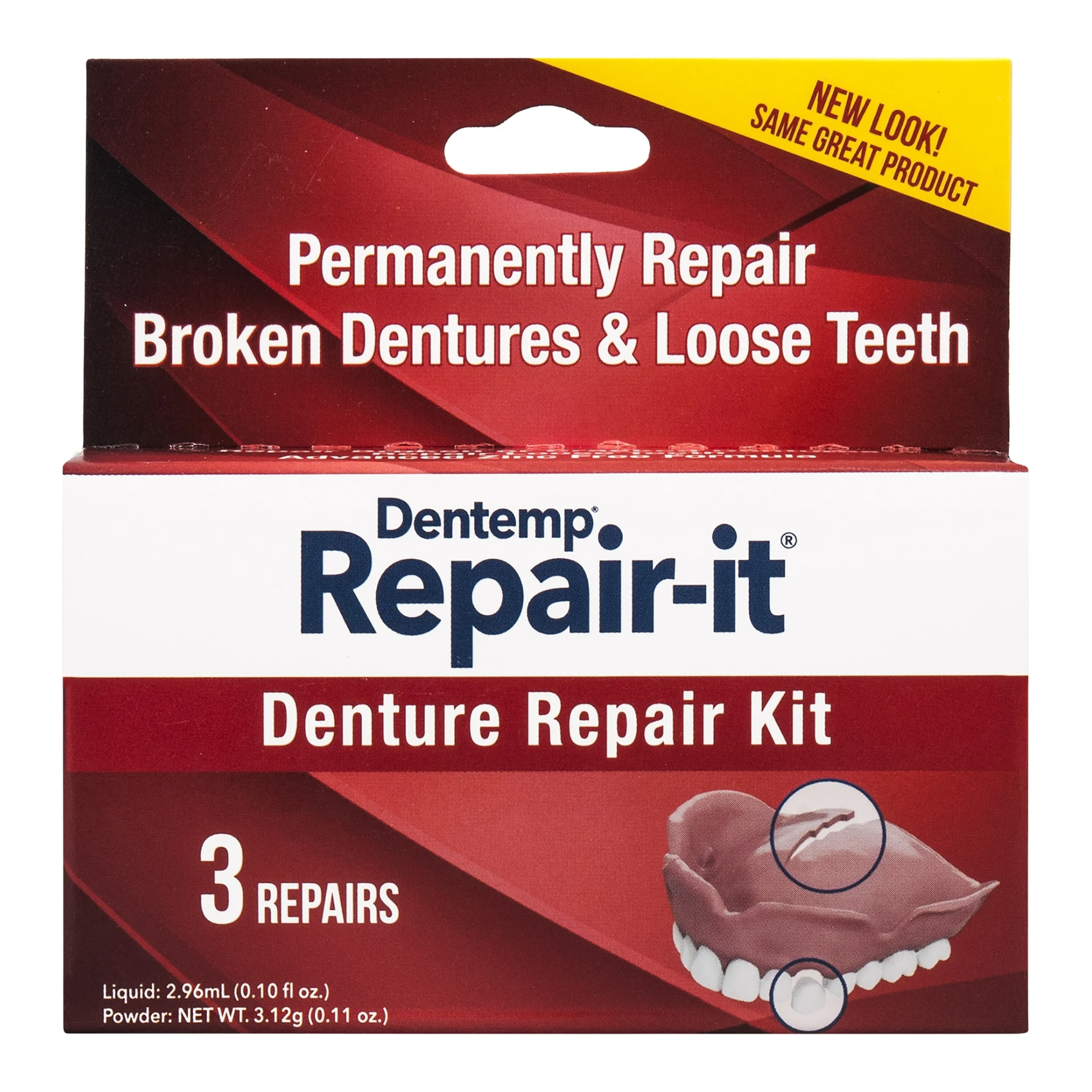 Dentemp, Repair-It Advanced Formula Denture Repair Kit, Mends Cracks and Replaces Loose Teeth for Broken Dentures, 3 Repairs