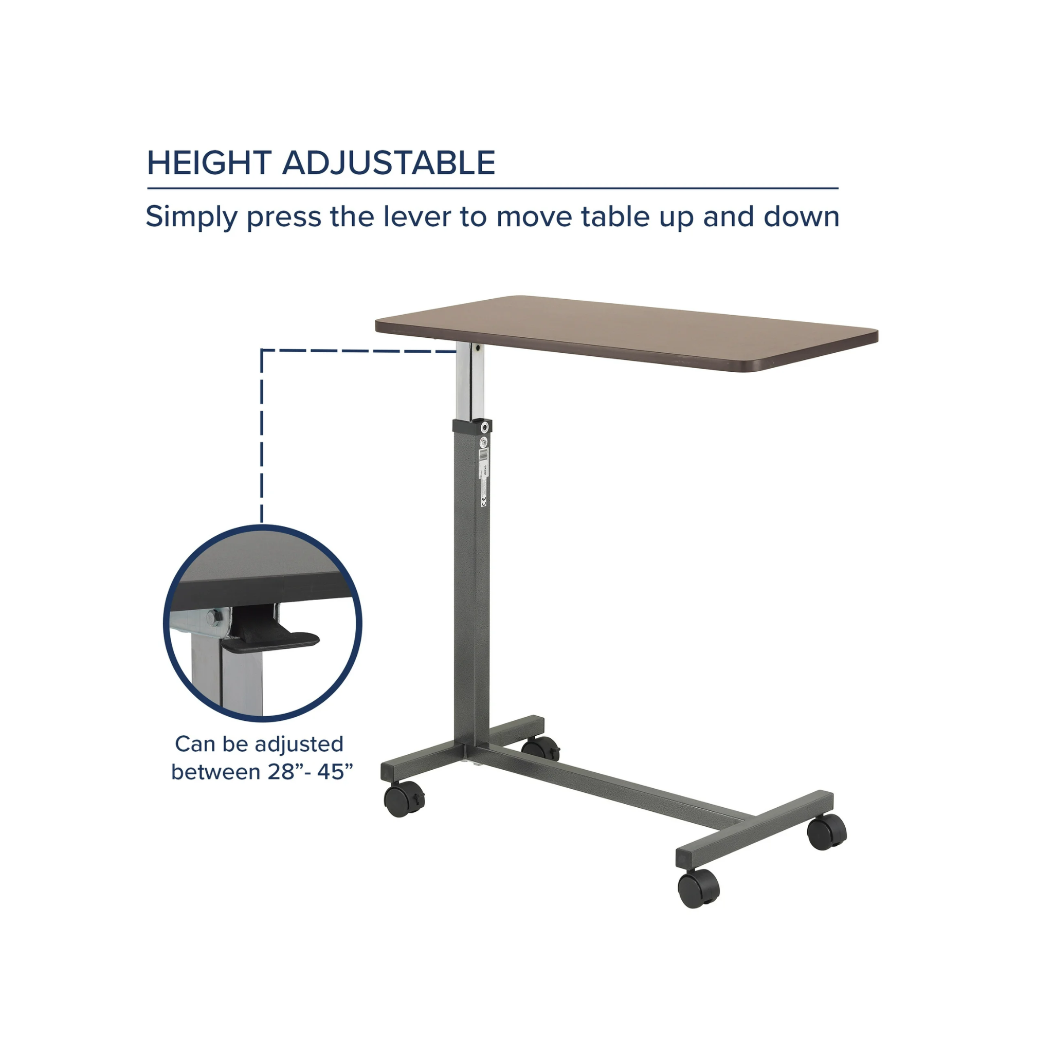 Drive Medical, Non-Tilt Top Overbed Table, Adjustable Height with Sturdy Silver Vein Base