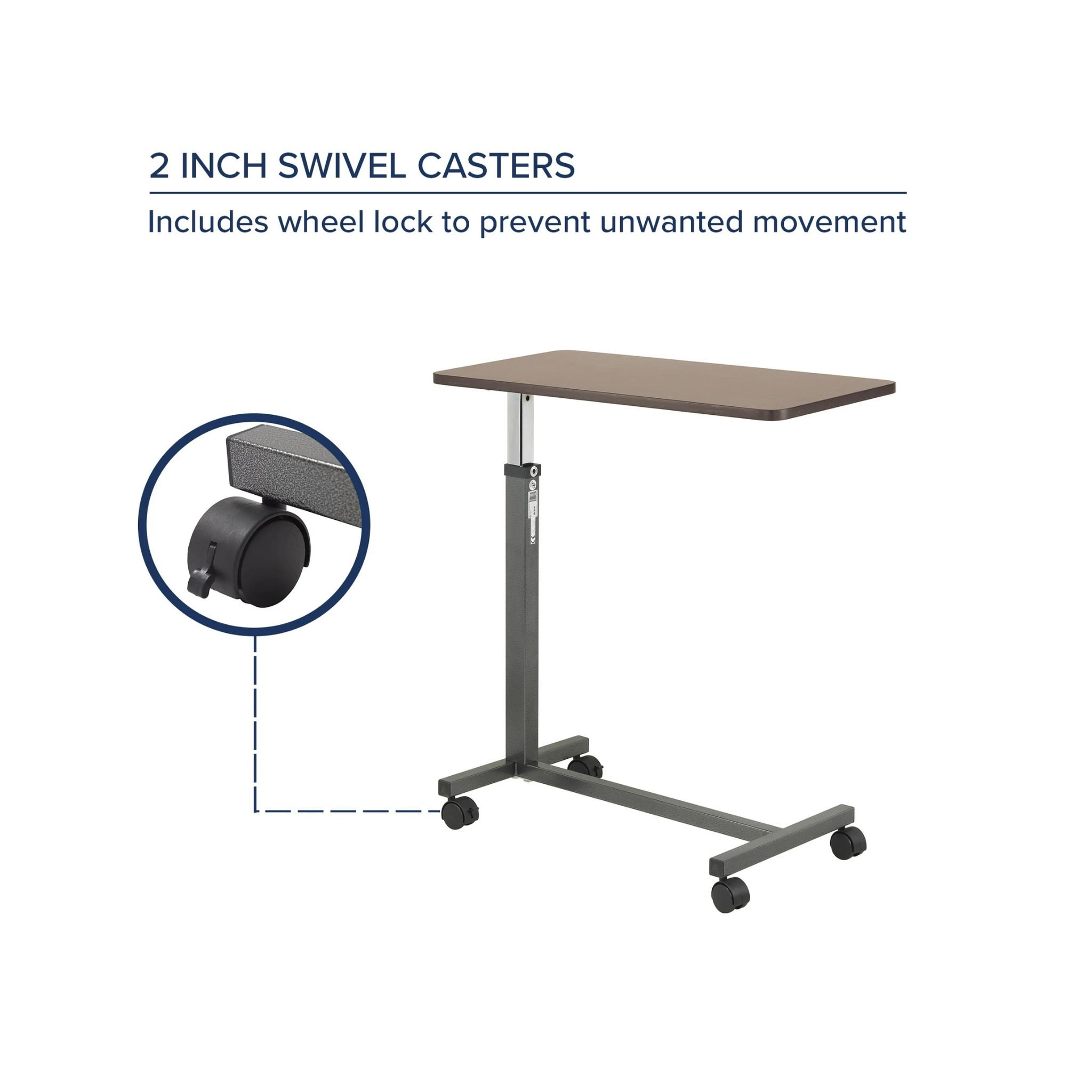 Drive Medical, Non-Tilt Top Overbed Table, Adjustable Height with Sturdy Silver Vein Base