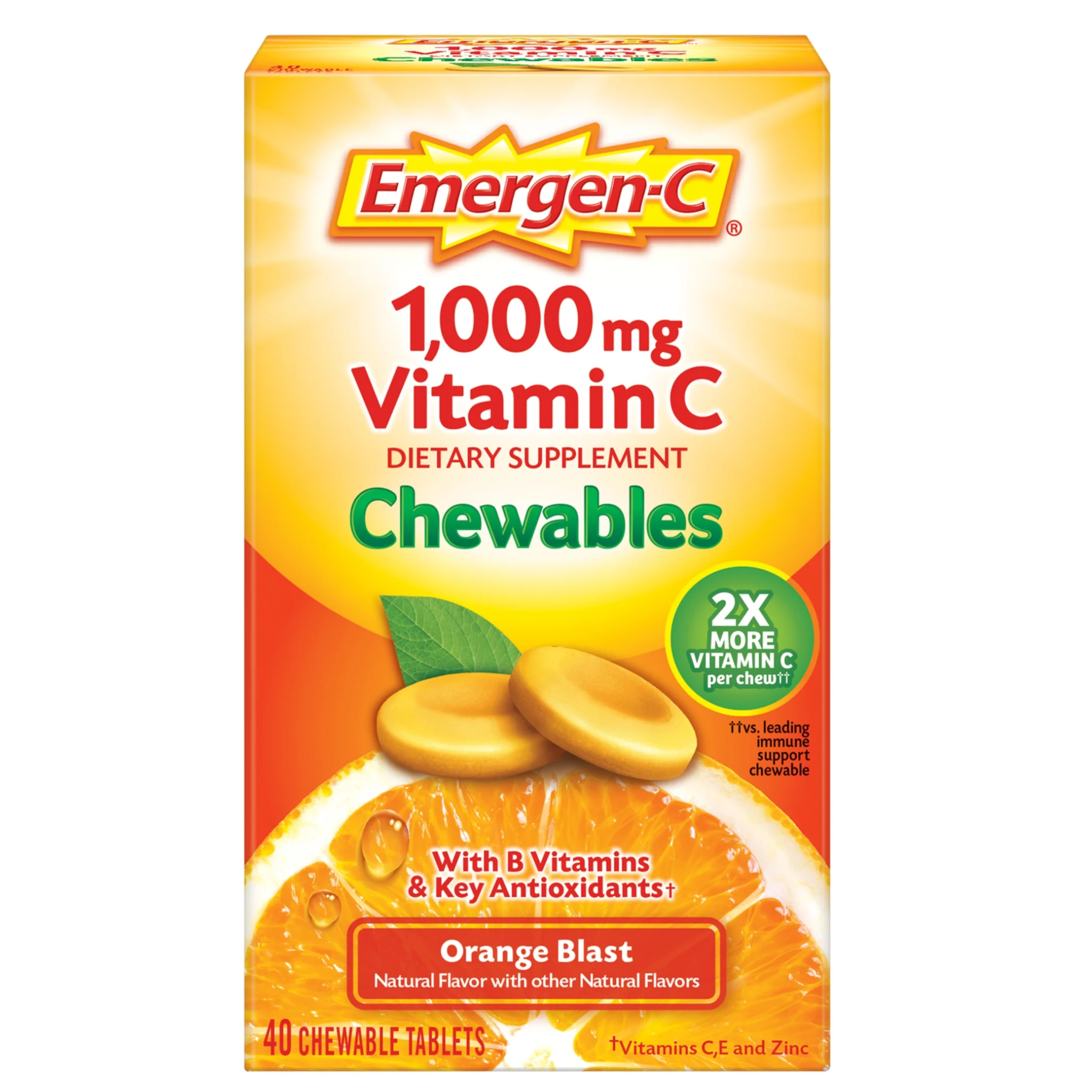 Emergen-C, Vitamin C Chewable Tablets, Immune Support Dietary Supplement, Orange Blast Flavor, 40 Ct