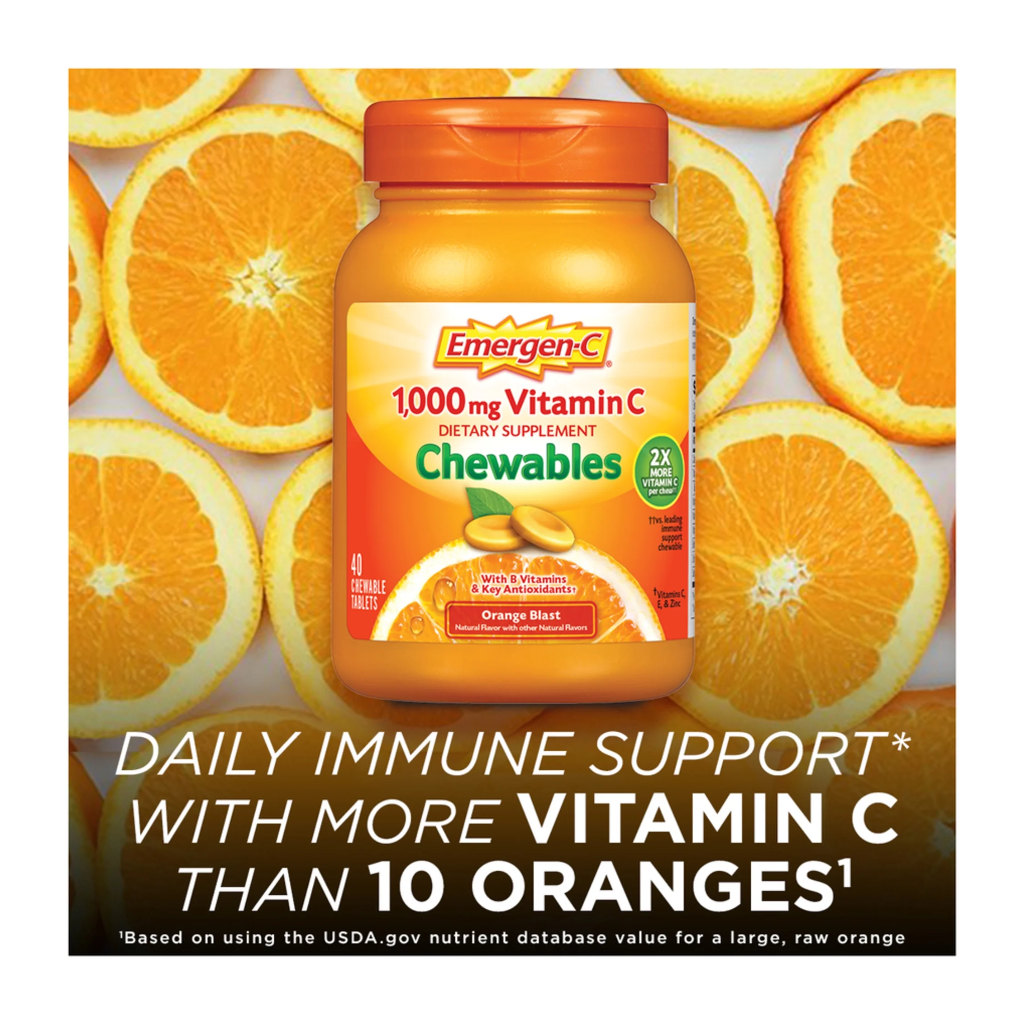 Emergen-C, Vitamin C Chewable Tablets, Immune Support Dietary Supplement, Orange Blast Flavor, 40 Ct