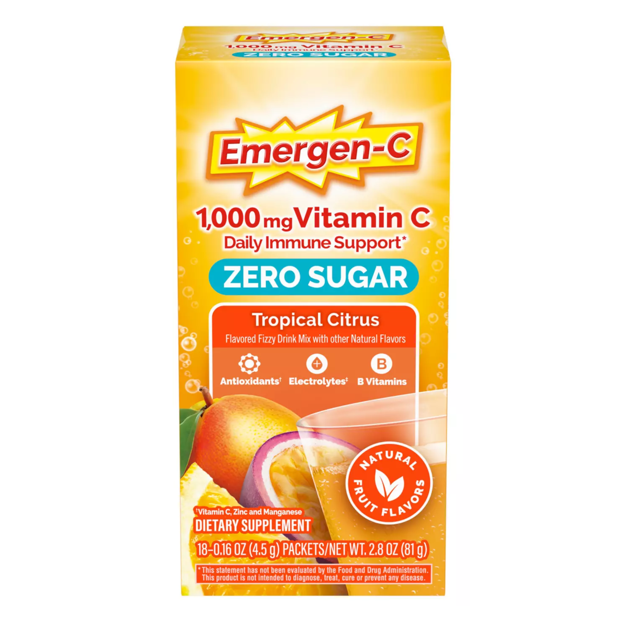Emergen-C, Zero Sugar Immune Support Powder, Vitamin C Dietary Supplement, Tropical Citrus Flavor, 2.8 Oz