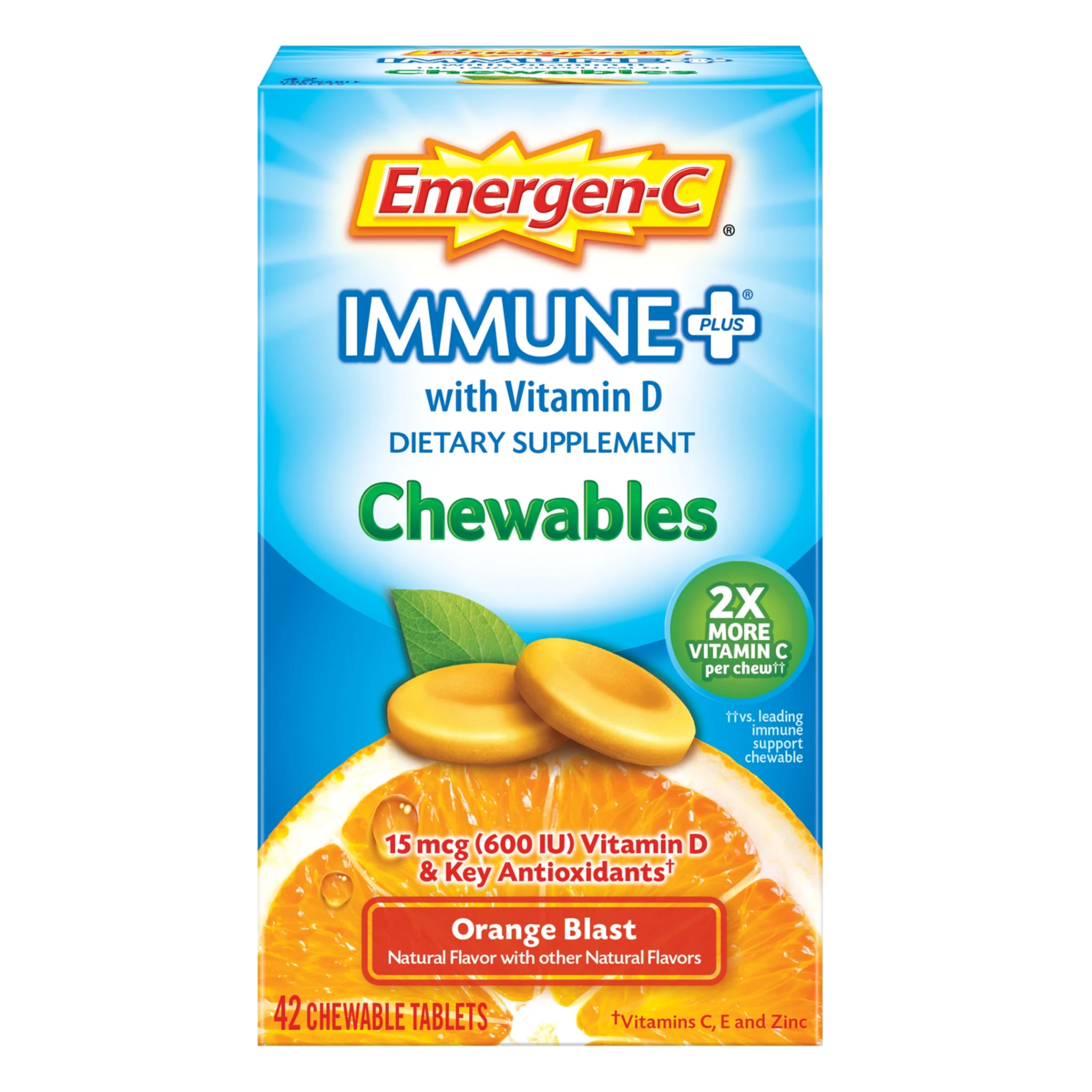 Emergen-C, Immune+ Vitamin C Chewable Tablets, Immune Support Supplement, Orange Blast Flavor, 42 Ct