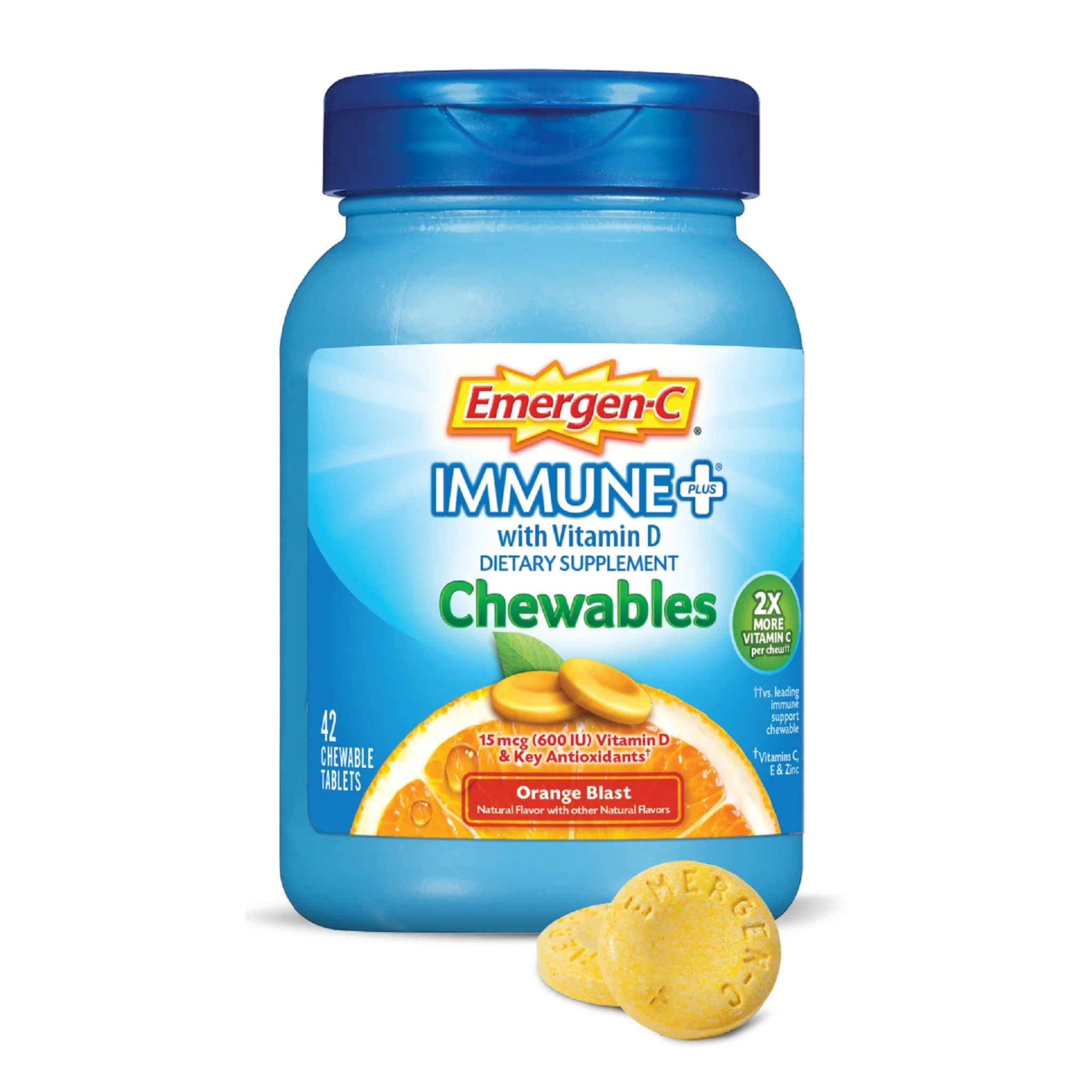 Emergen-C, Immune+ Vitamin C Chewable Tablets, Immune Support Supplement, Orange Blast Flavor, 42 Ct