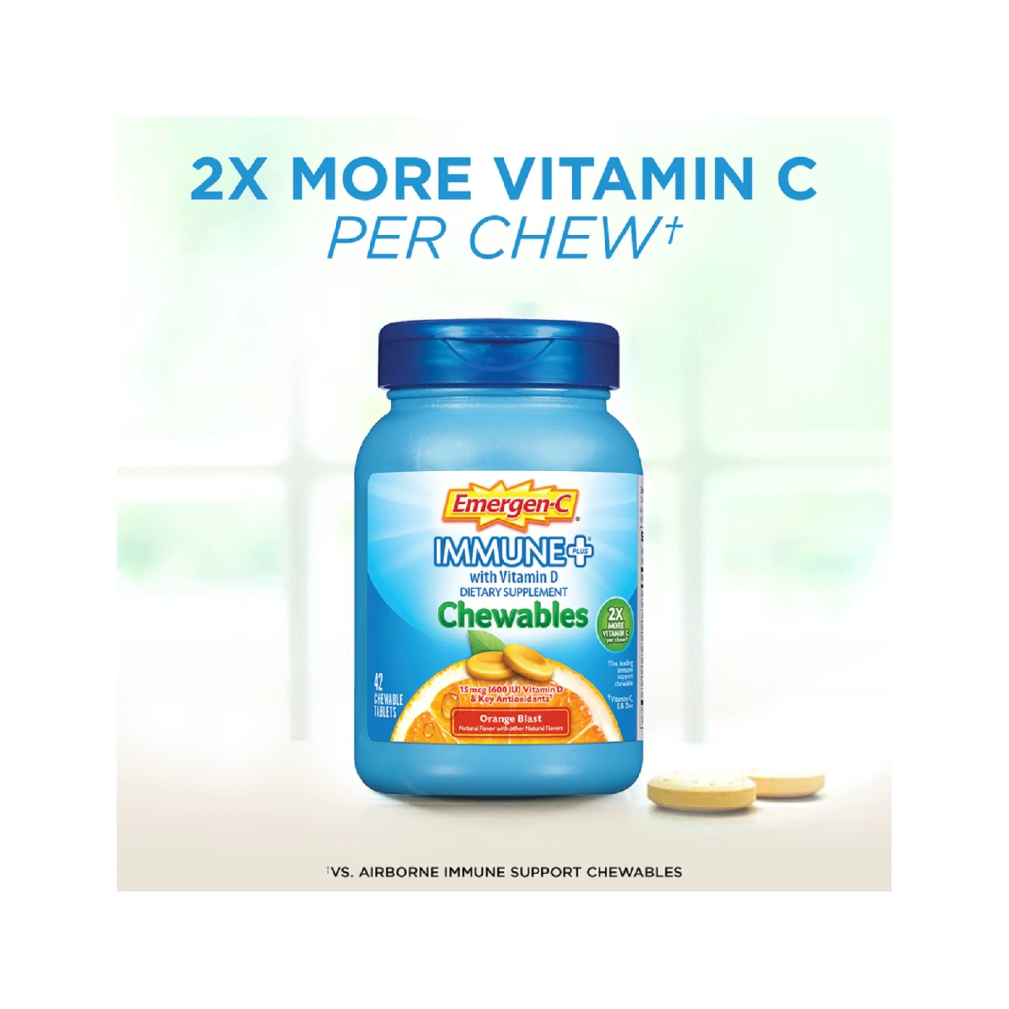 Emergen-C, Immune+ Vitamin C Chewable Tablets, Immune Support Supplement, Orange Blast Flavor, 42 Ct