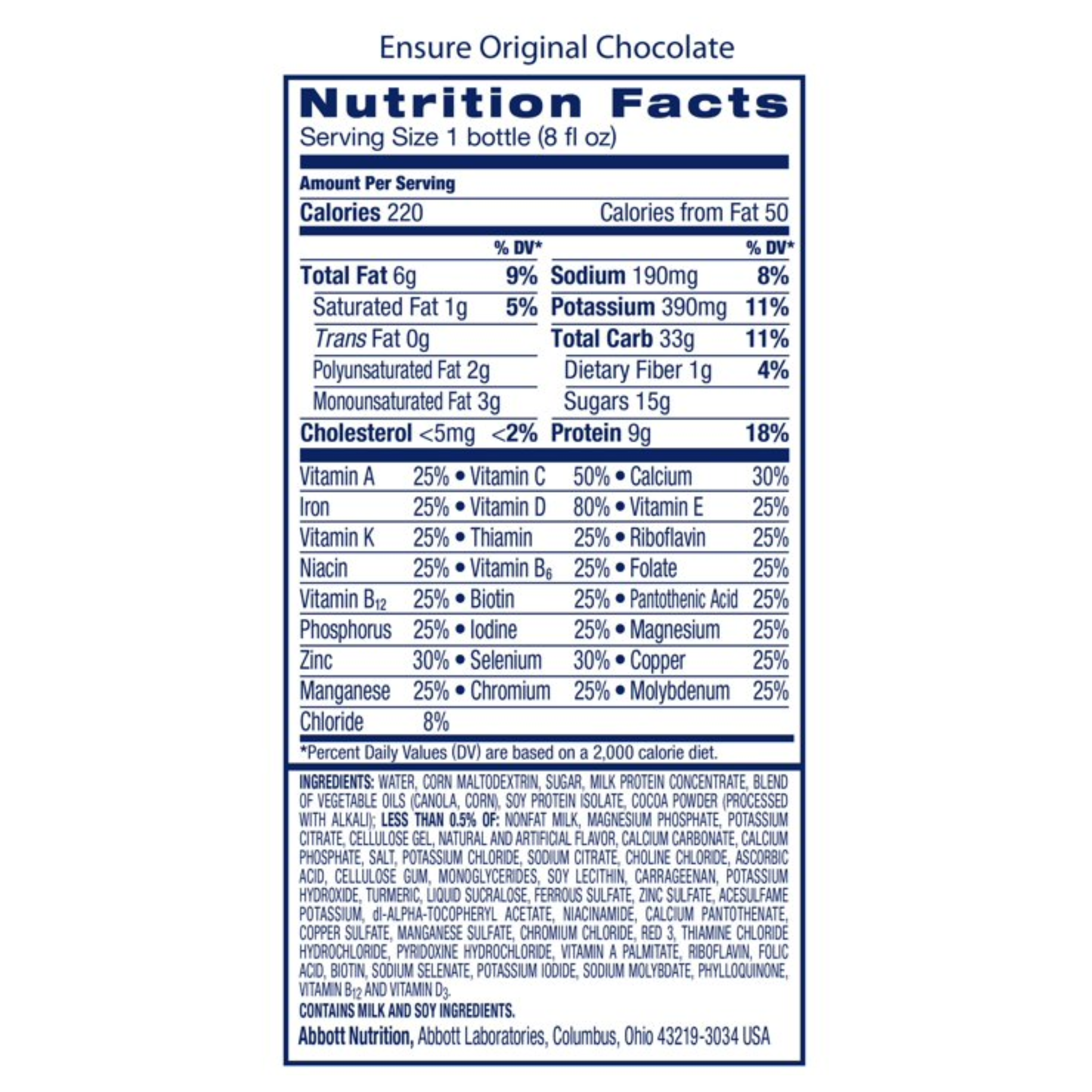 Ensure, Original Therapeutic Nutrition, Chocolate Flavor, 8 oz Bottle, 24 Pack