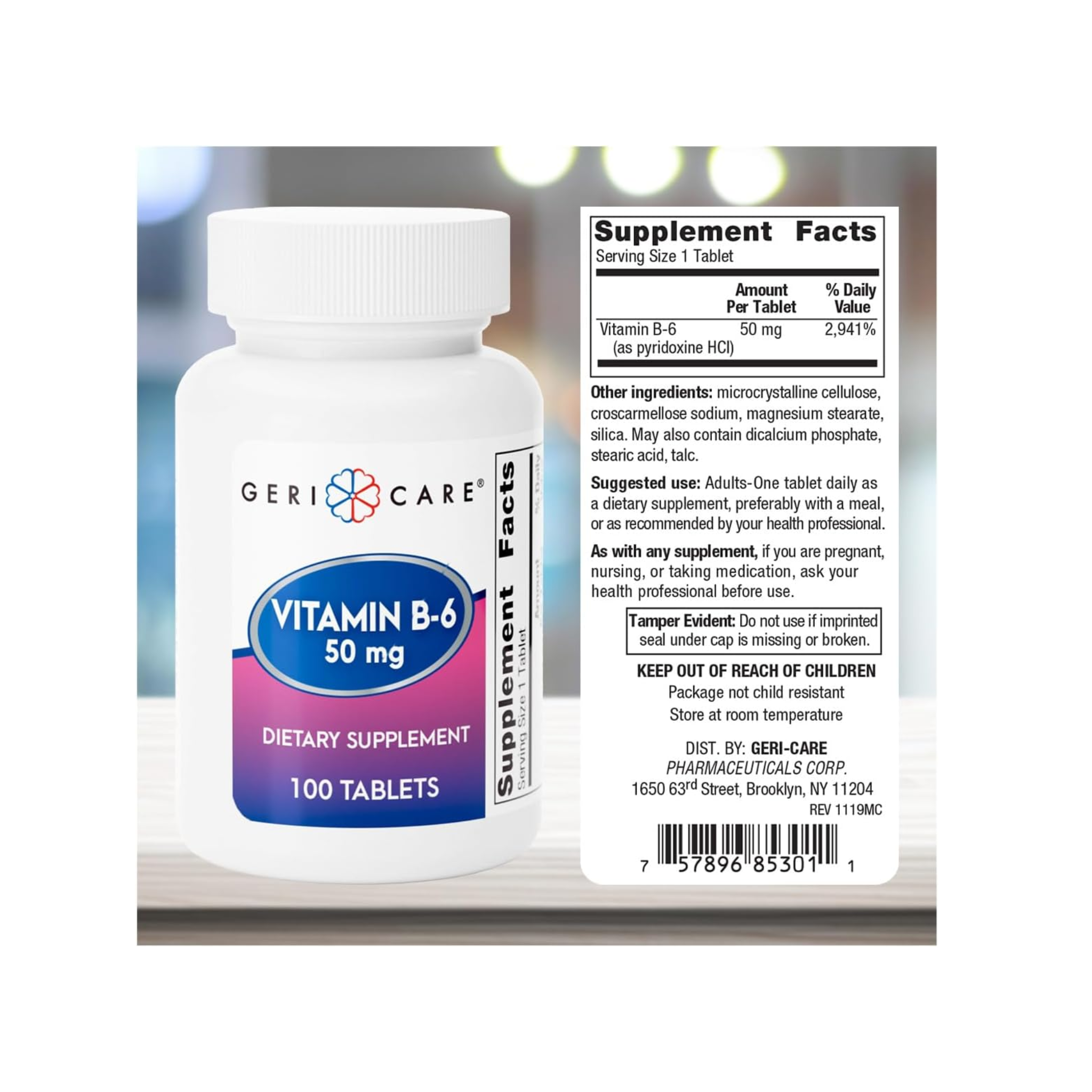 Gericare, Vitamin B6 Tablets, 50 mg, Supports Metabolism & Nervous System, 100 Count