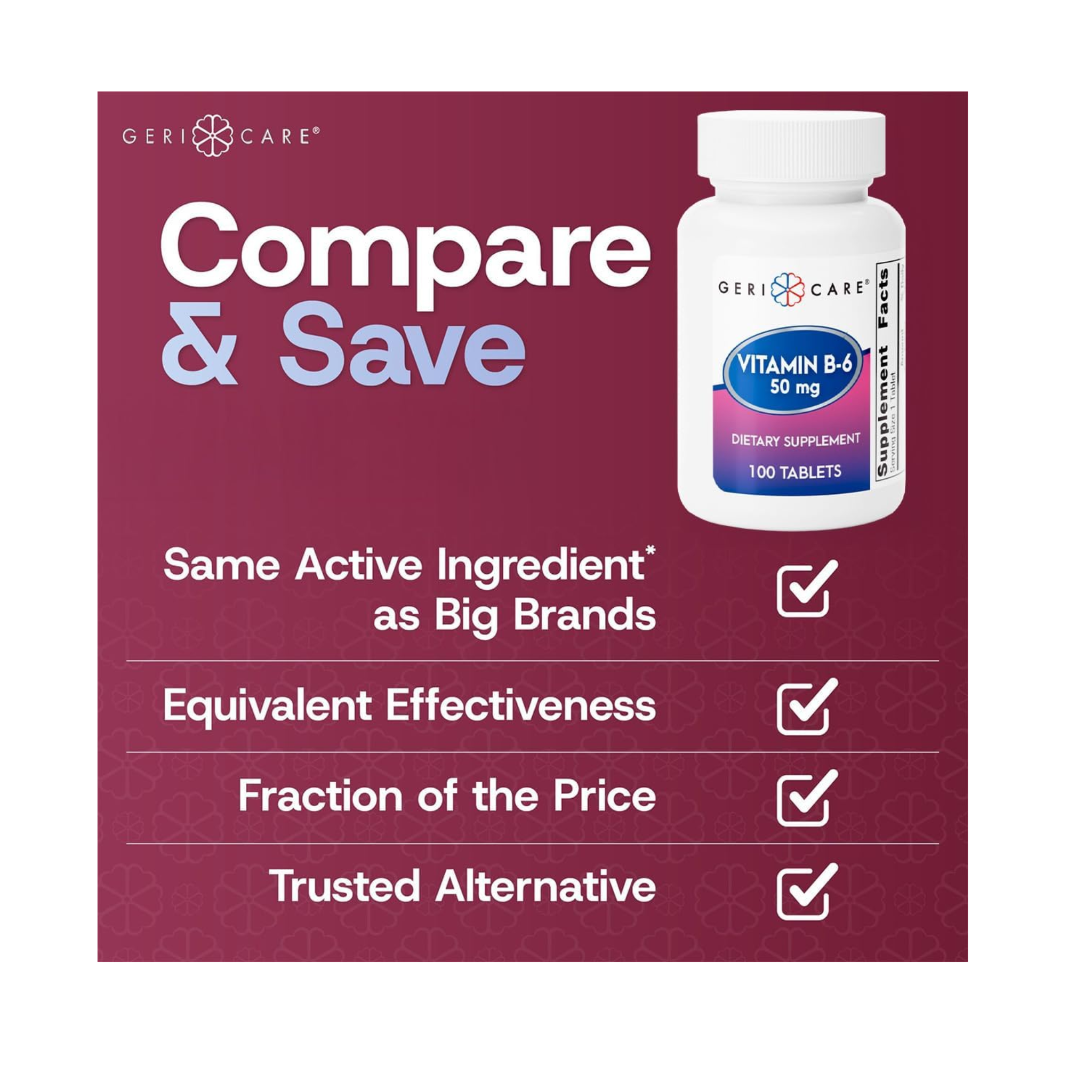 Gericare, Vitamin B6 Tablets, 50 mg, Supports Metabolism & Nervous System, 100 Count