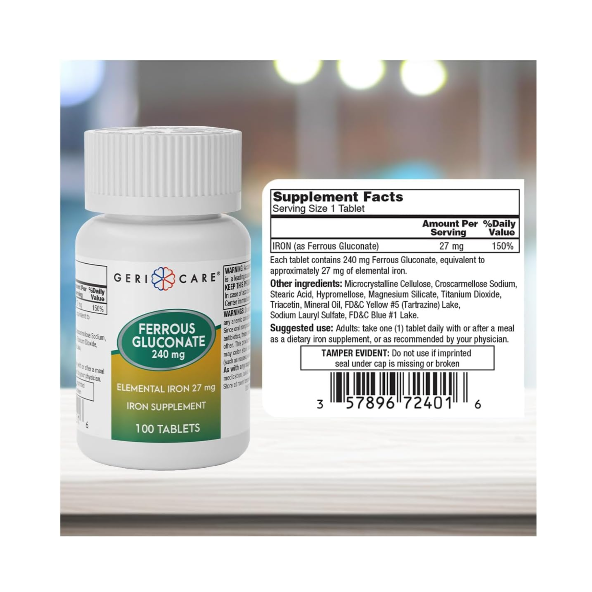 Geri-Care, Iron Supplement, Ferrous Gluconate 240 mg for Energy & Red Blood Cell Support, 100 Tablets