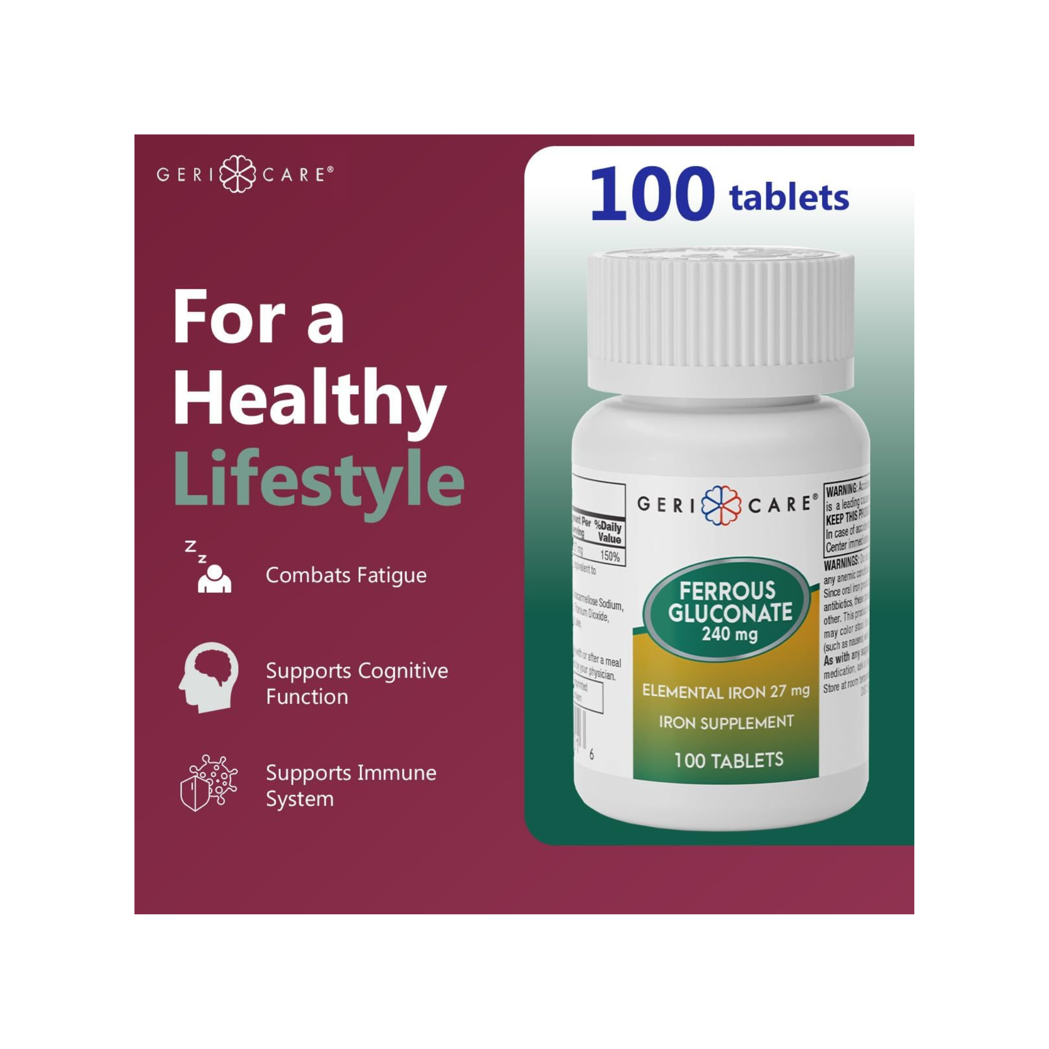 Geri-Care, Iron Supplement, Ferrous Gluconate 240 mg for Energy & Red Blood Cell Support, 100 Tablets