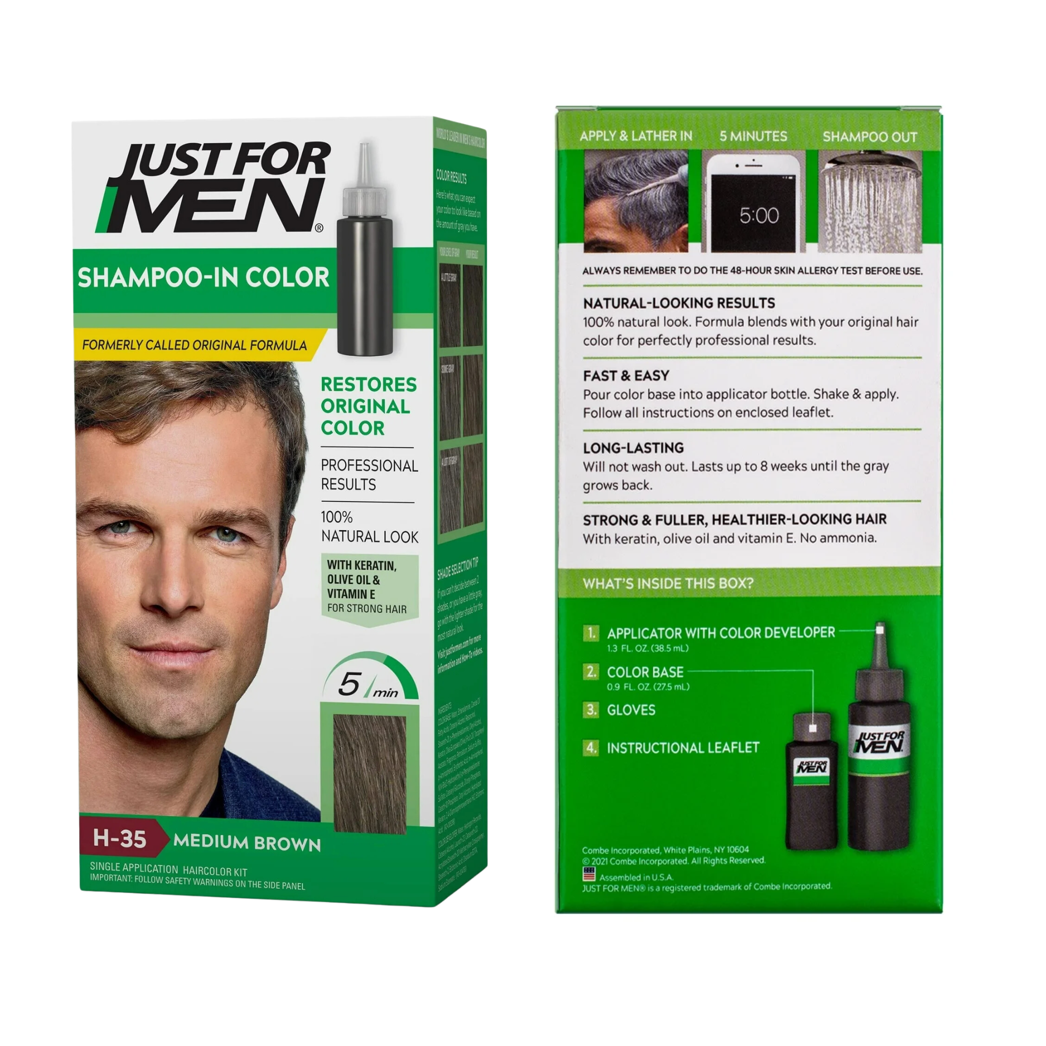 Just For Men, Shampoo-In Gray Hair Color, Medium Brown H-35, Easy Application for Natural Gray Coverage